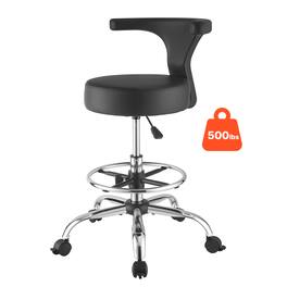 VEVOR - Rolling Stool with Back Support, 500 lbs Weight Capacity, Height Adjustable, Thick Cushion Ergonomic PU Leather Seat - Black