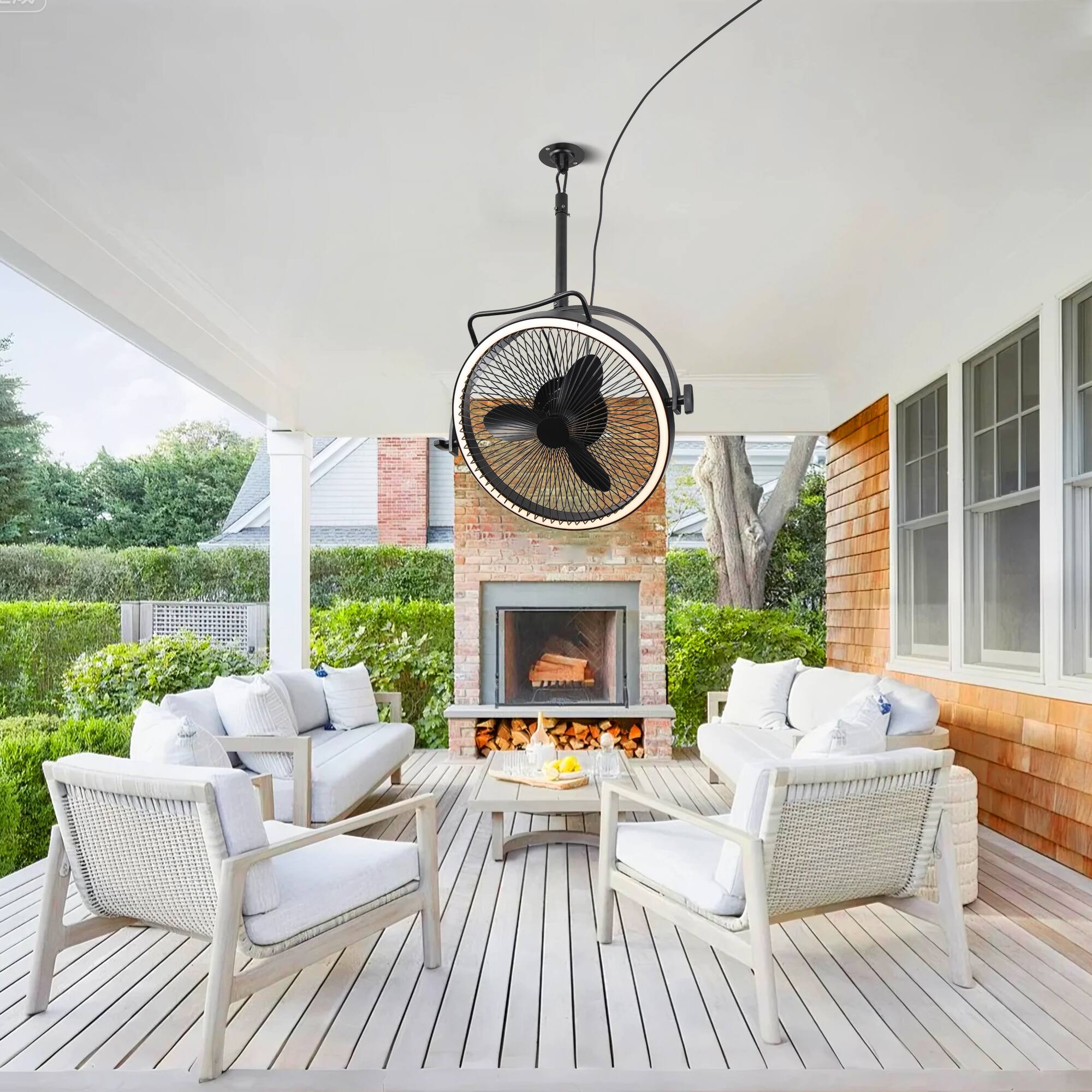 Back. Parrot Uncle - 20” Matte Black  Industrial Dual Hanging Rotatable LED Ceiling Fan with Remote, Plug Installation - Matte Black.