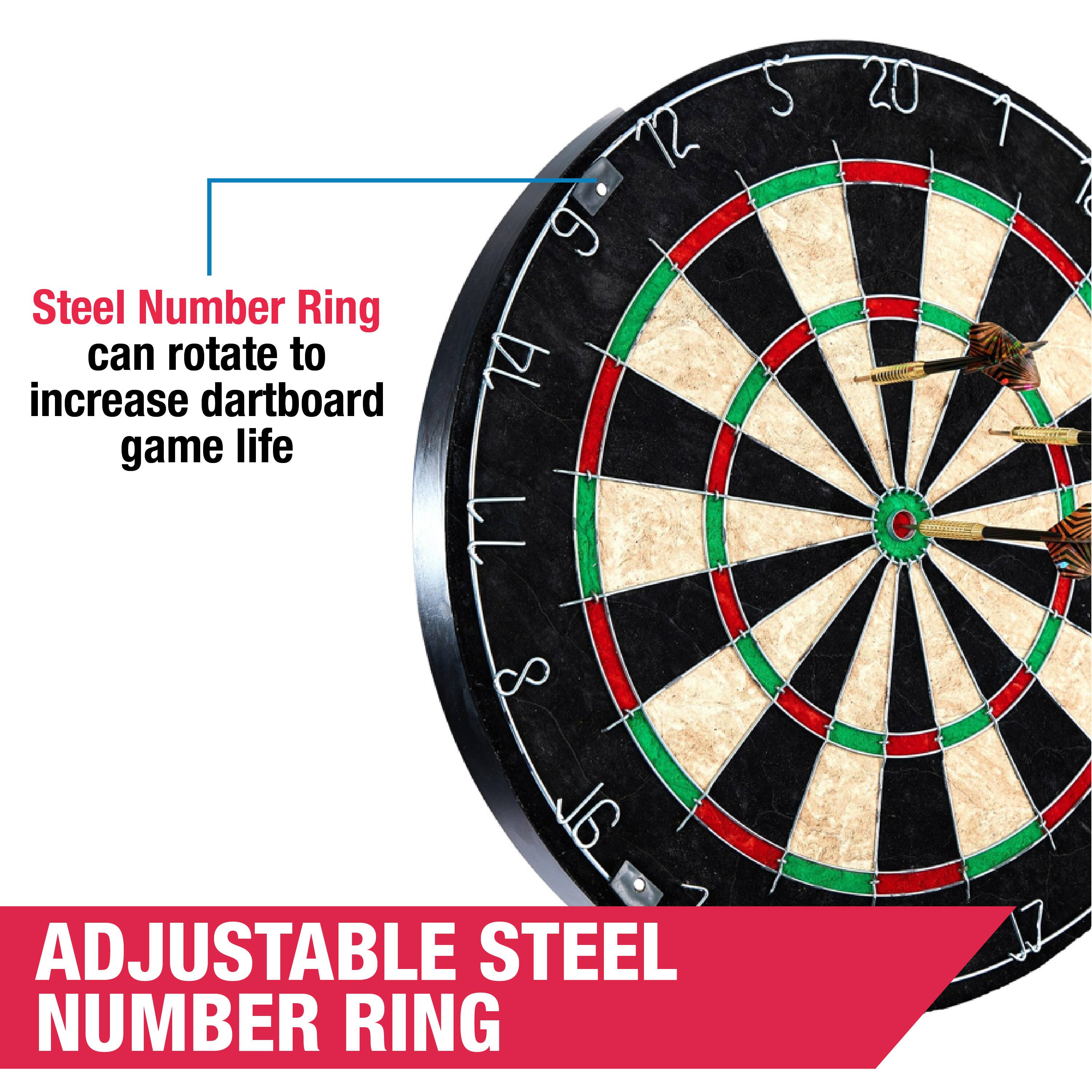 The text on the image reads: "Steel Number Ring can rotate to increase dartboard game life."