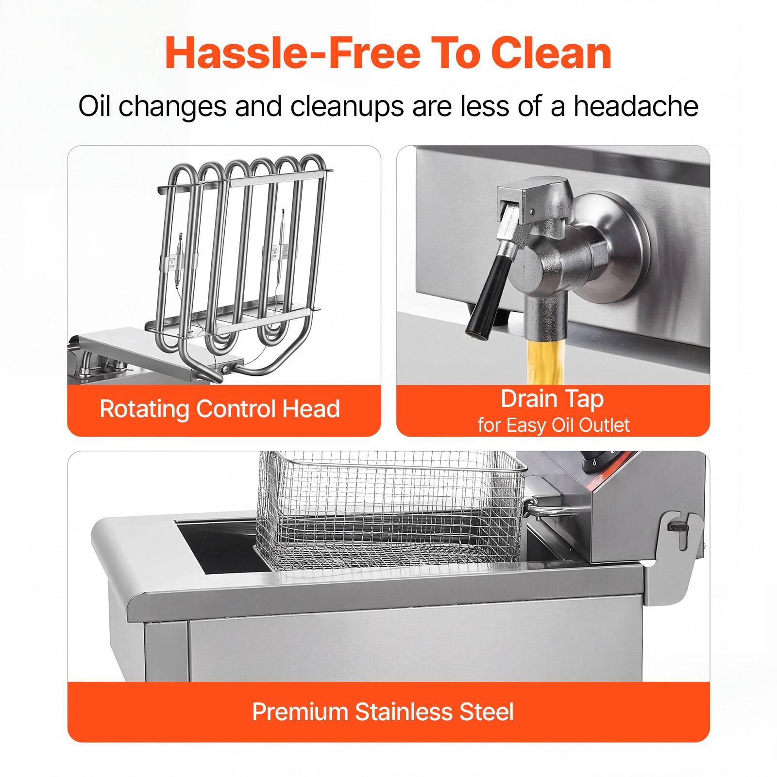 Hassle-Free To Clean

Oil changes and cleanups are less of a headache

Rotating Control Head

Drain Tap for Easy Oil Outlet

Premium Stainless Steel