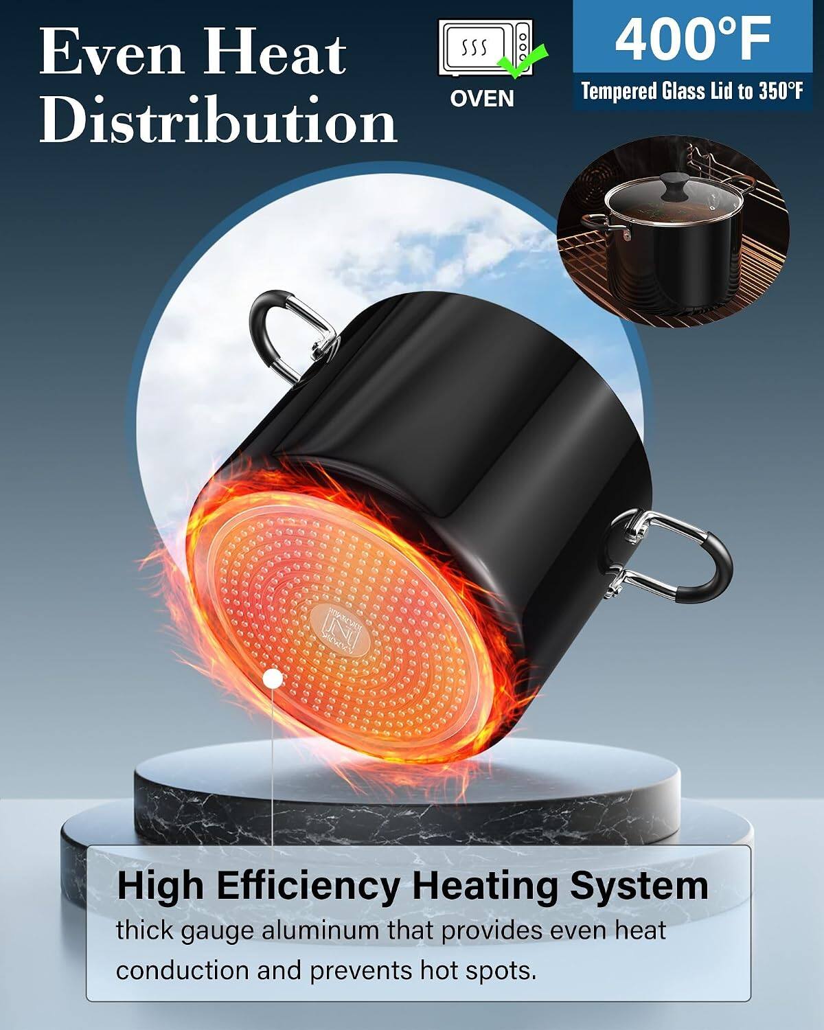 Even Heat Distribution

400°F

OVEN

Tempered Glass Lid to 350°F

High Efficiency Heating System

thick gauge aluminum that provides even heat conduction and prevents hot spots.