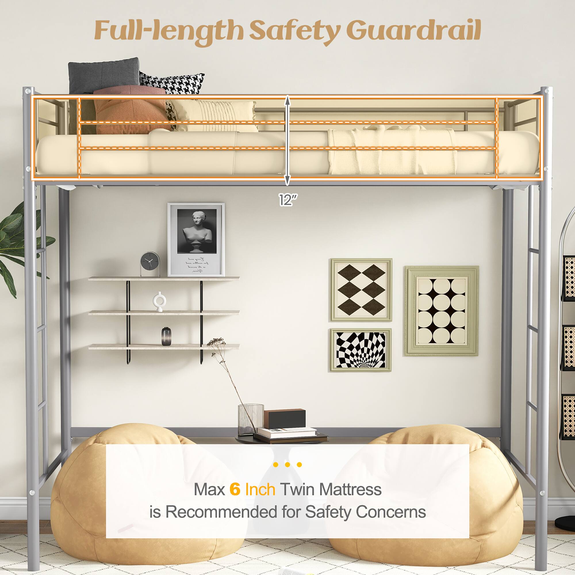 Full-length Safety Guardrail

Max 6 Inch Twin Mattress is Recommended for Safety Concerns