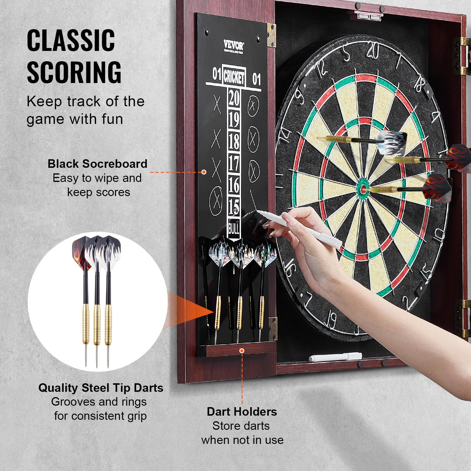 CLASSIC SCORING  
Keep track of the game with fun  

Black Scoreboard  
Easy to wipe and keep scores  

Quality Steel Tip Darts  
Grooves and rings for consistent grip  

Dart Holders  
Store darts when not in use