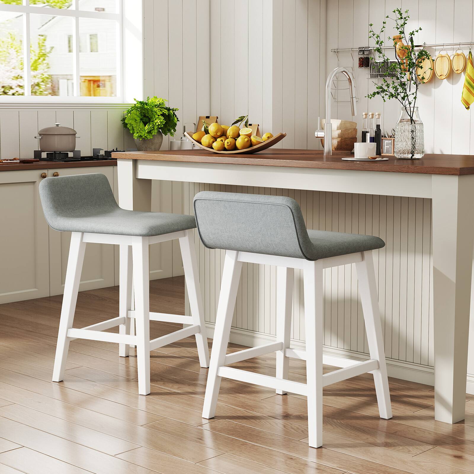 Alt View 3. Gymax - Gymax 2PCS 24'' Upholstered Barstools w/ Low Back Footrest Wood Legs for Kitchen Island - White, Gray.
