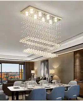 Siljoy - 10-Light Modern Rectangular Raindrop Crystal Chandelier for Dining Room/Foyer/Kitchen - Metallic Gray
