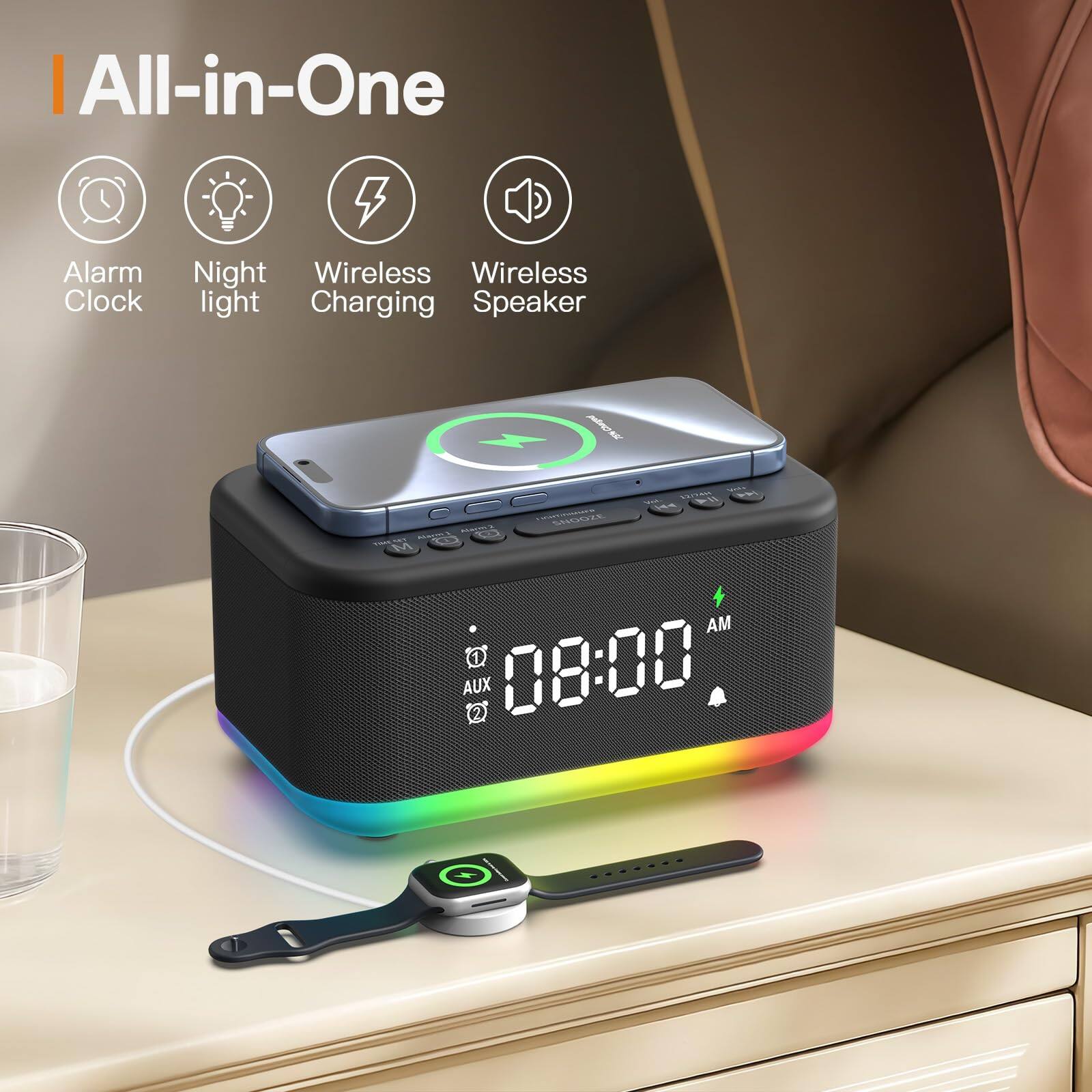 All-in-One

- Alarm Clock
- Night Light
- Wireless Charging
- Wireless Speaker

08:00 AM