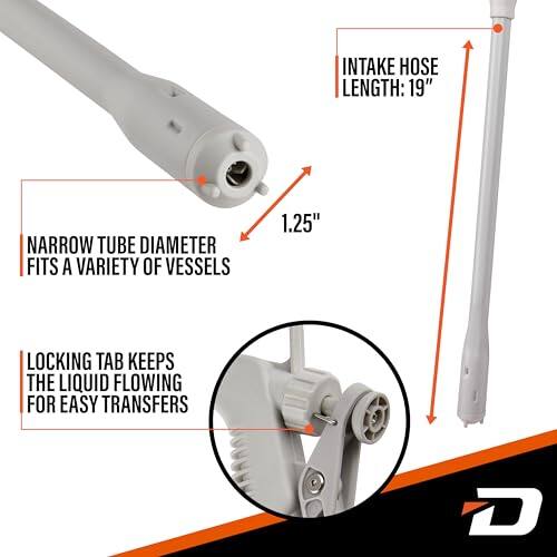 INTAKE HOSE LENGTH: 19" NARROW TUBE DIAMETER FITS A VARIETY OF VESSELS 1.25" LOCKING TAB KEEPS THE LIQUID FLOWING FOR EASY TRANSFERS