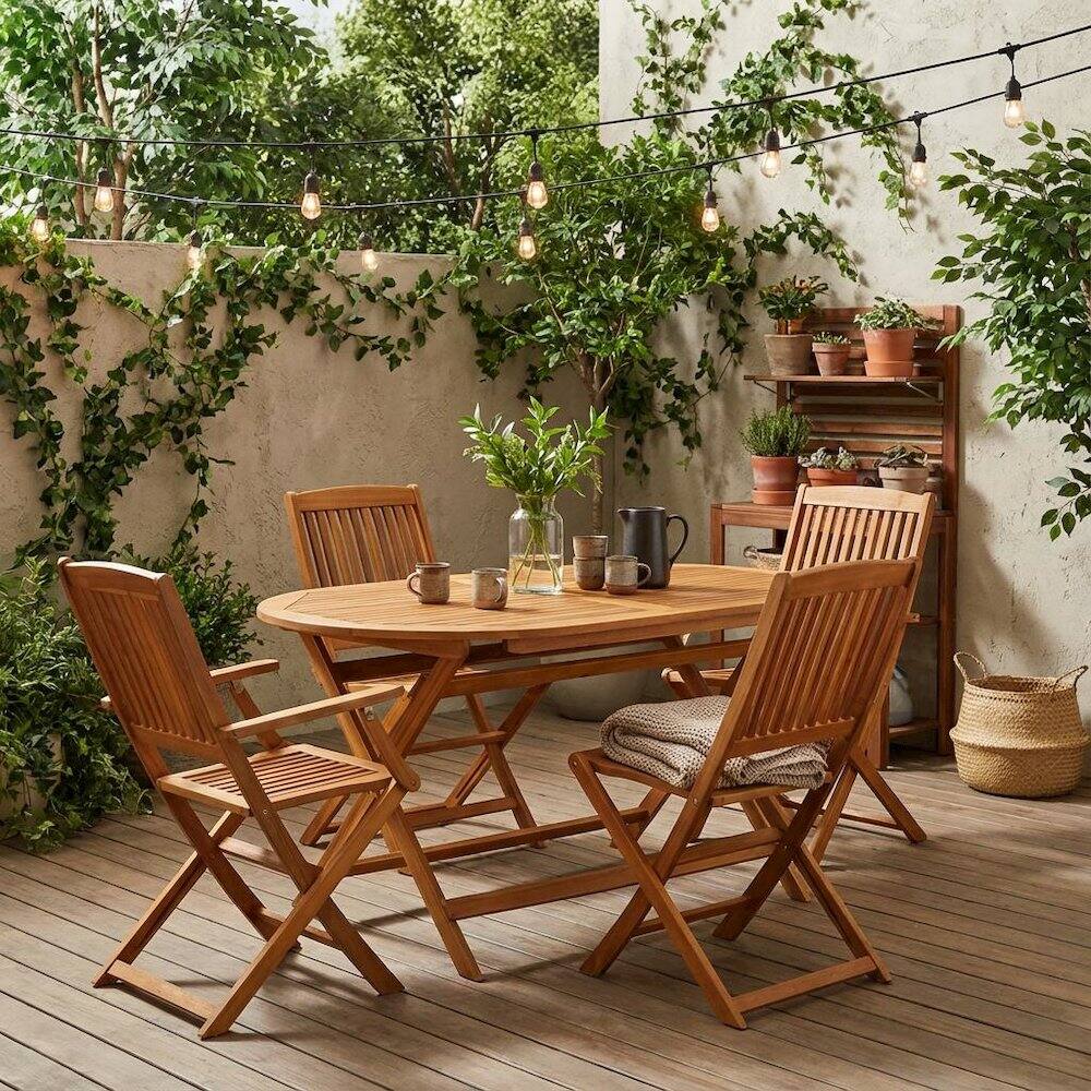 Alt View 4. Outdoor Escape - Wooden Patio Set - Dining Table and 4 Outdoor Chairs - Brown.