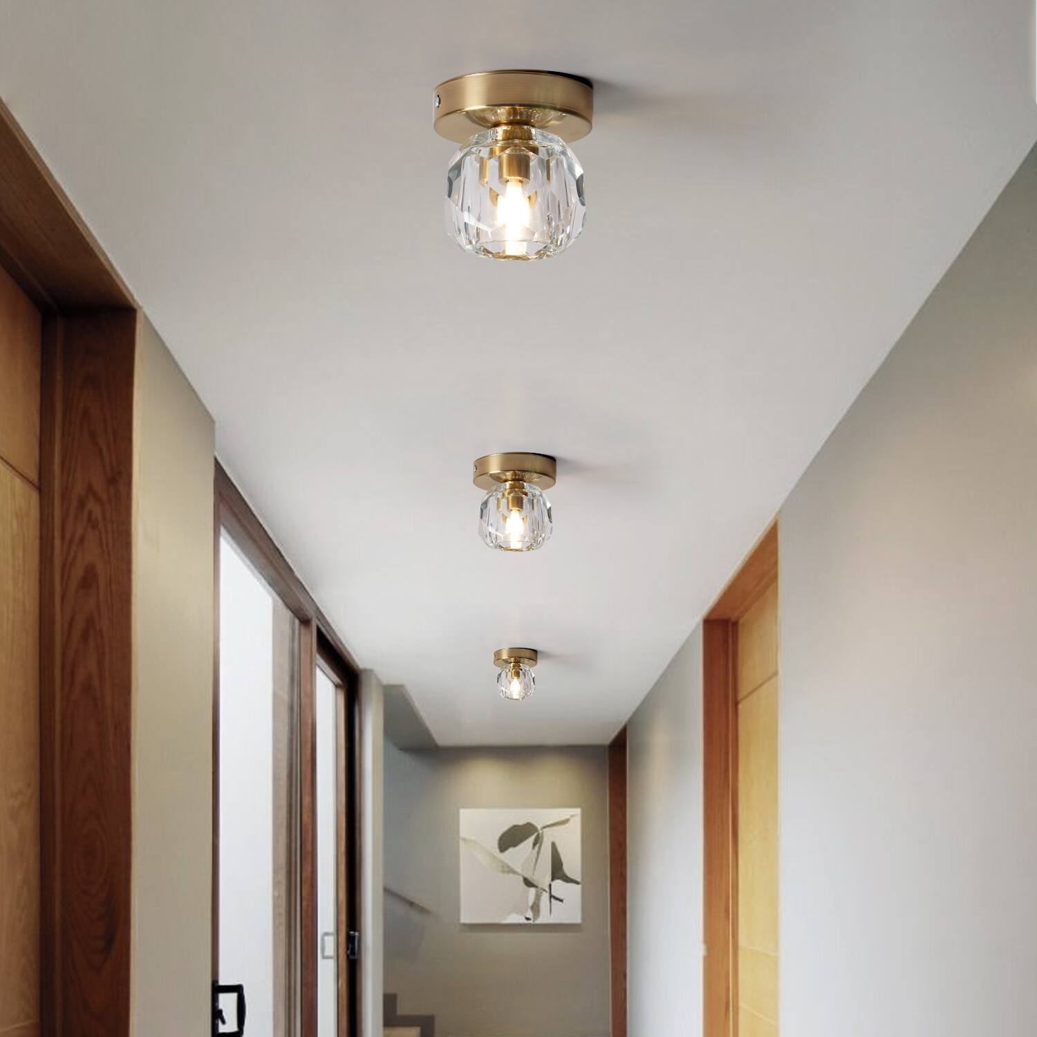 Left. Umeiluce - 1-Light 4.7" Crystal Flush Mount Ceiling Light - Brass.