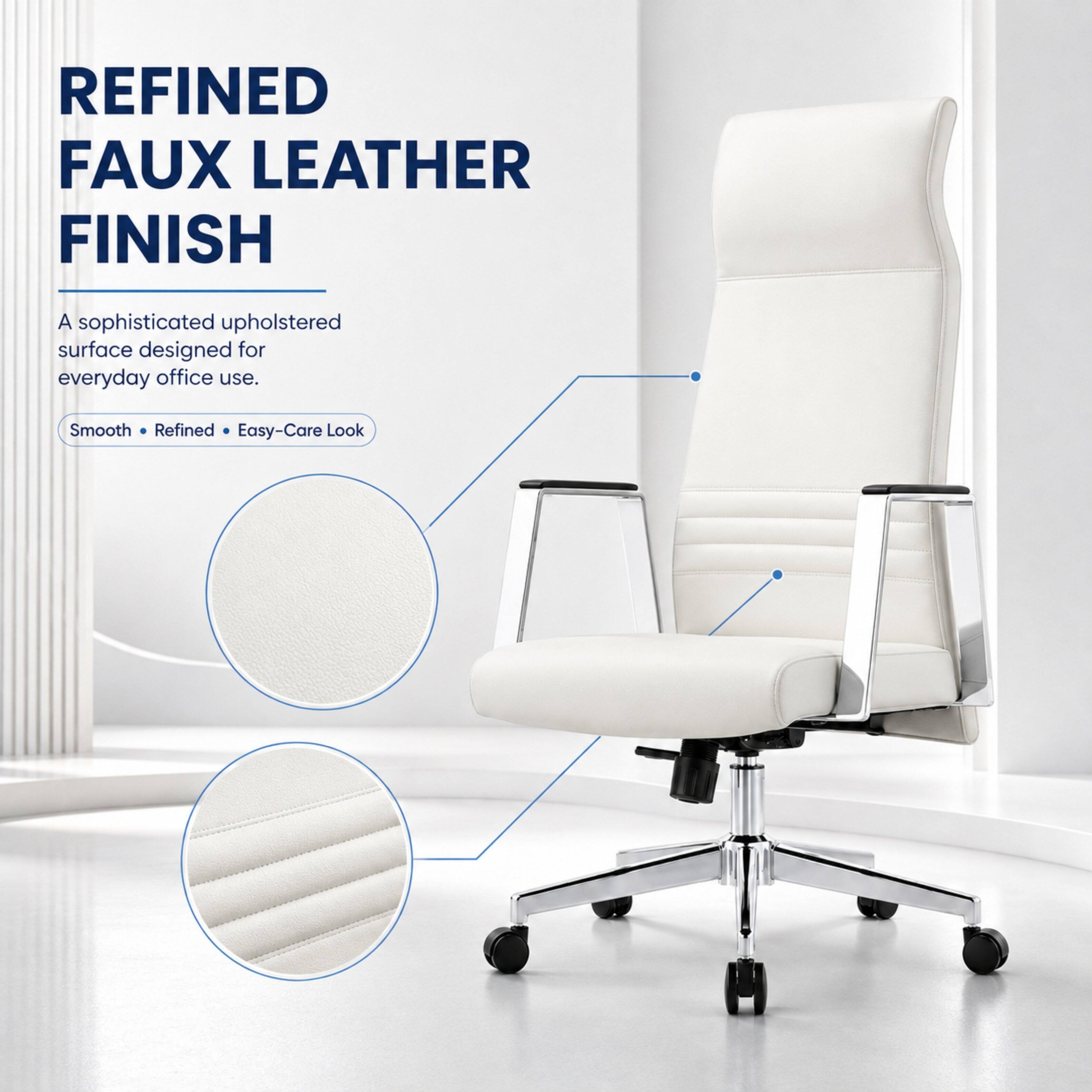 REFINED FAUX LEATHER FINISH

A sophisticated upholstered surface designed for everyday office use.

Smooth • Refined • Easy-Care Look