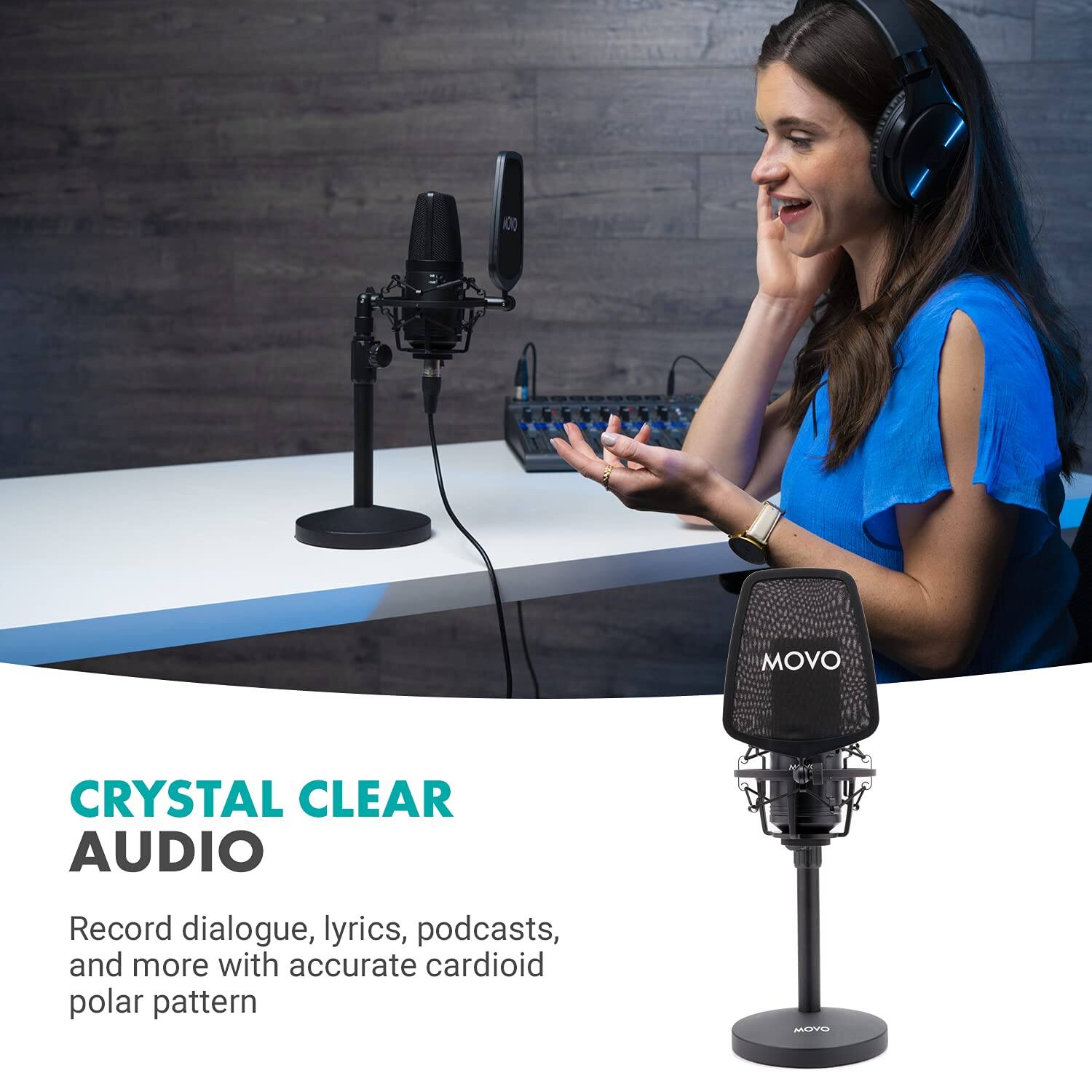 **Crystal Clear Audio**

Record dialogue, lyrics, podcasts, and more with accurate cardioid polar pattern