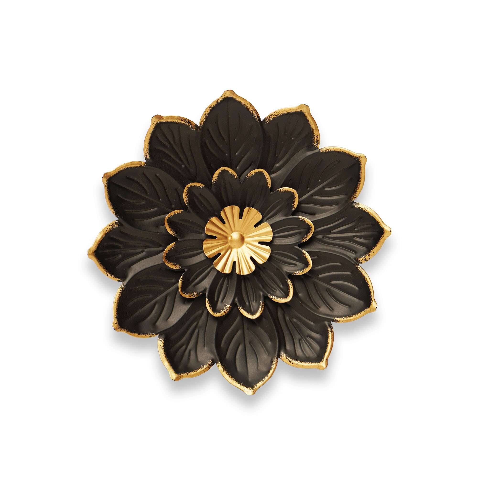 Front. G128 - 9 IN Metal Daisy Wall Art - Elegant Floral Wall Hanging - Black and Gold.