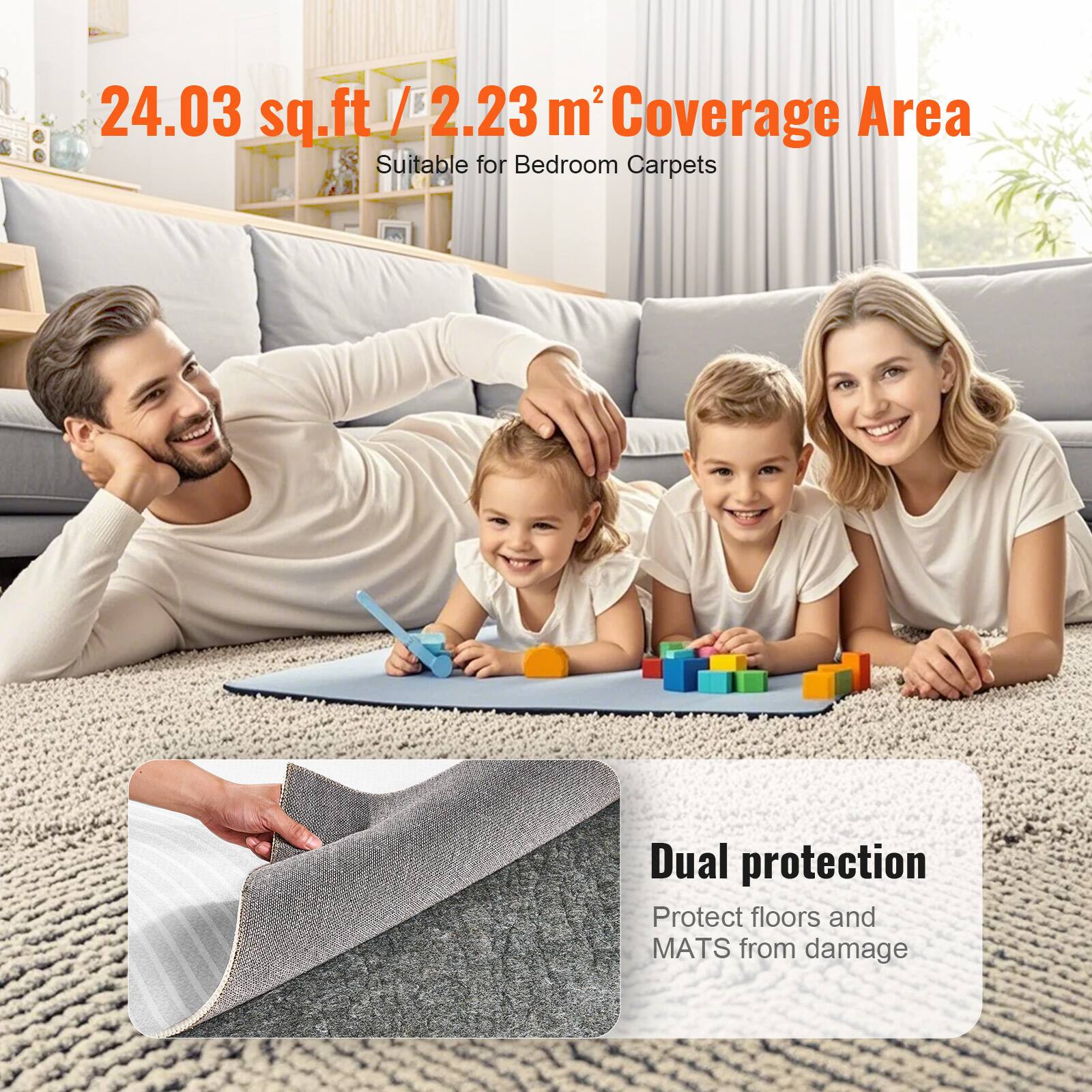 24.03 sq.ft / 2.23 m² Coverage Area  
Suitable for Bedroom Carpets  

Dual protection  
Protect floors and MATS from damage