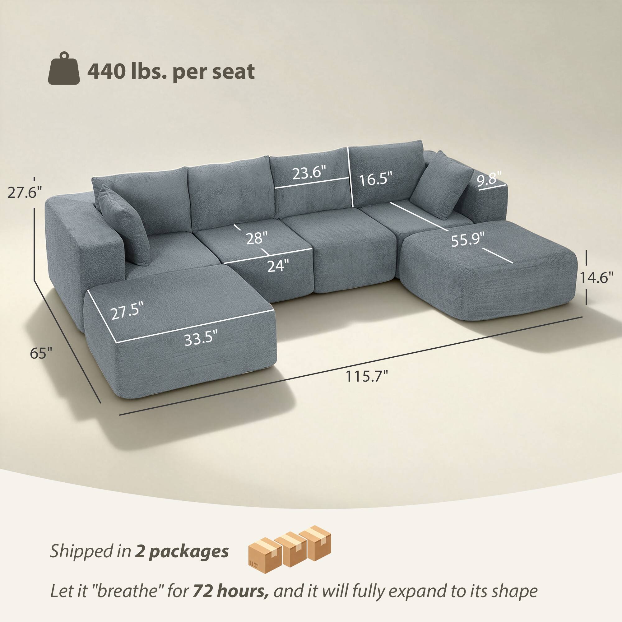 440 lbs. per seat

27.6" 23.6" 16.5" 9.8" 65" 27.5" 33.5" 28" 24" 115.7" 55.9" 14.6"

Shipped in 2 packages

Let it "breathe" for 72 hours, and it will fully expand to its shape