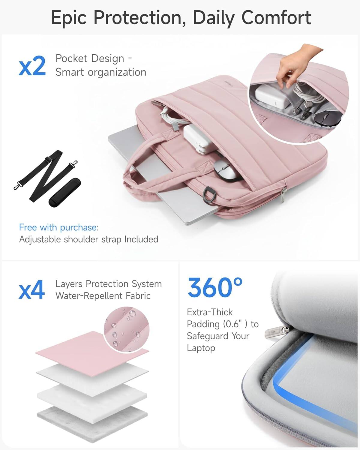 Epic Protection, Daily Comfort

Pocket Design x2 - Smart organization

Free with purchase: Adjustable shoulder strap Included

Layers Protection System x4 - Water-Repellent Fabric

360° Extra-Thick Padding (0.6") to Safeguard Your Laptop