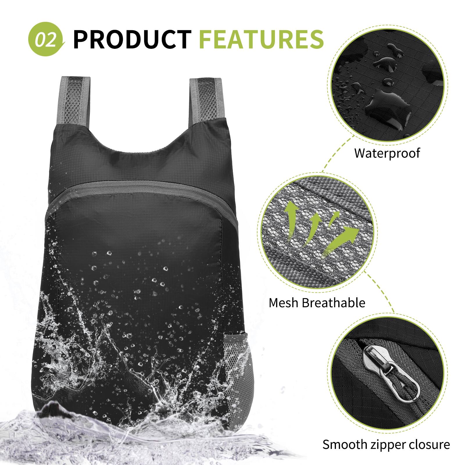 02 PRODUCT FEATURES

- Waterproof
- Mesh Breathable
- Smooth zipper closure