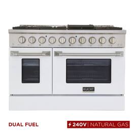 Kucht - 48" Dual Fuel Range for NG, SS/White Door, Sealed Burners, Griddle, 2 Ovens (1 Convection) - White