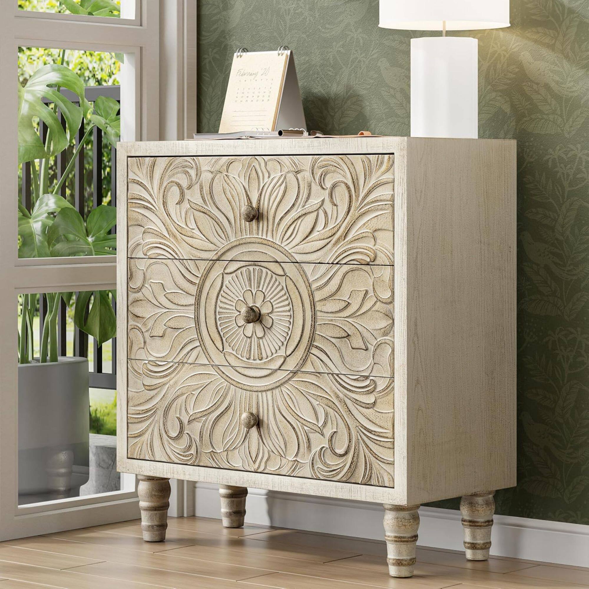 Alt View 5. COZAYH - COZAYH Farmhouse 3 Drawer Home Bedroom Dresser with Embossed Flower Motif Front - White.