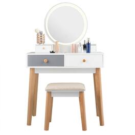 Costway - Vanity Table 3 Color Lighting Modes MakeUp Stool Jewelry - White