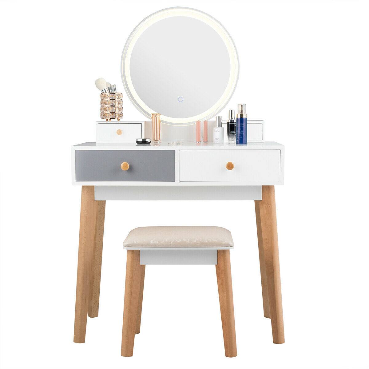 Front. Costway - Costway Vanity Table 3 Color Lighting Modes MakeUp Stool Jewelry - White.