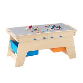 VEVOR - Kids Reversible Wooden Activity Table, Multi-Functional Play Table with 200 Building Blocks & 3 Storage Bins - Wood color