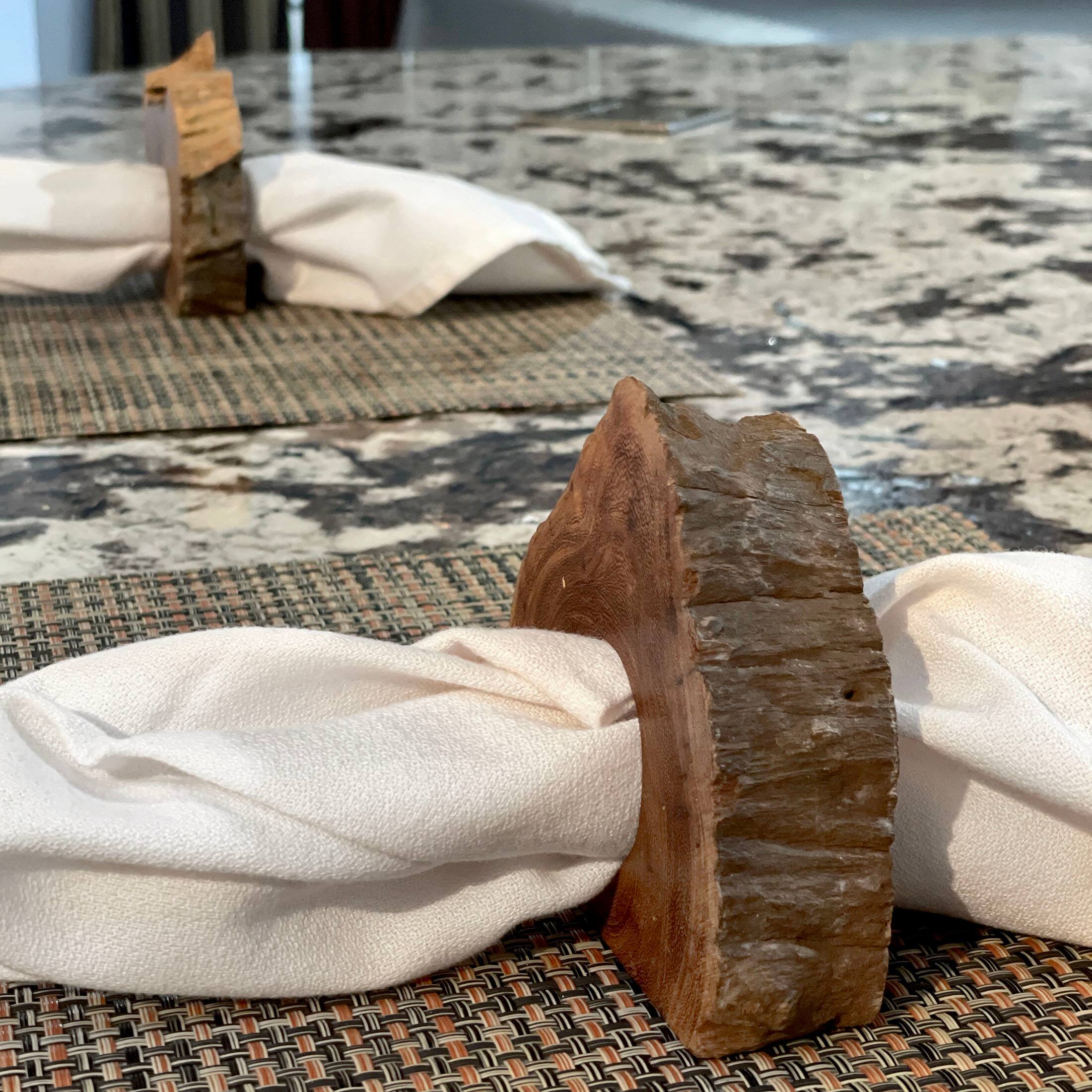Alt View 4. Zeckos - Set of 8 Hand Crafted Natural Acacia Wood Slice Napkin Rings - Brown.