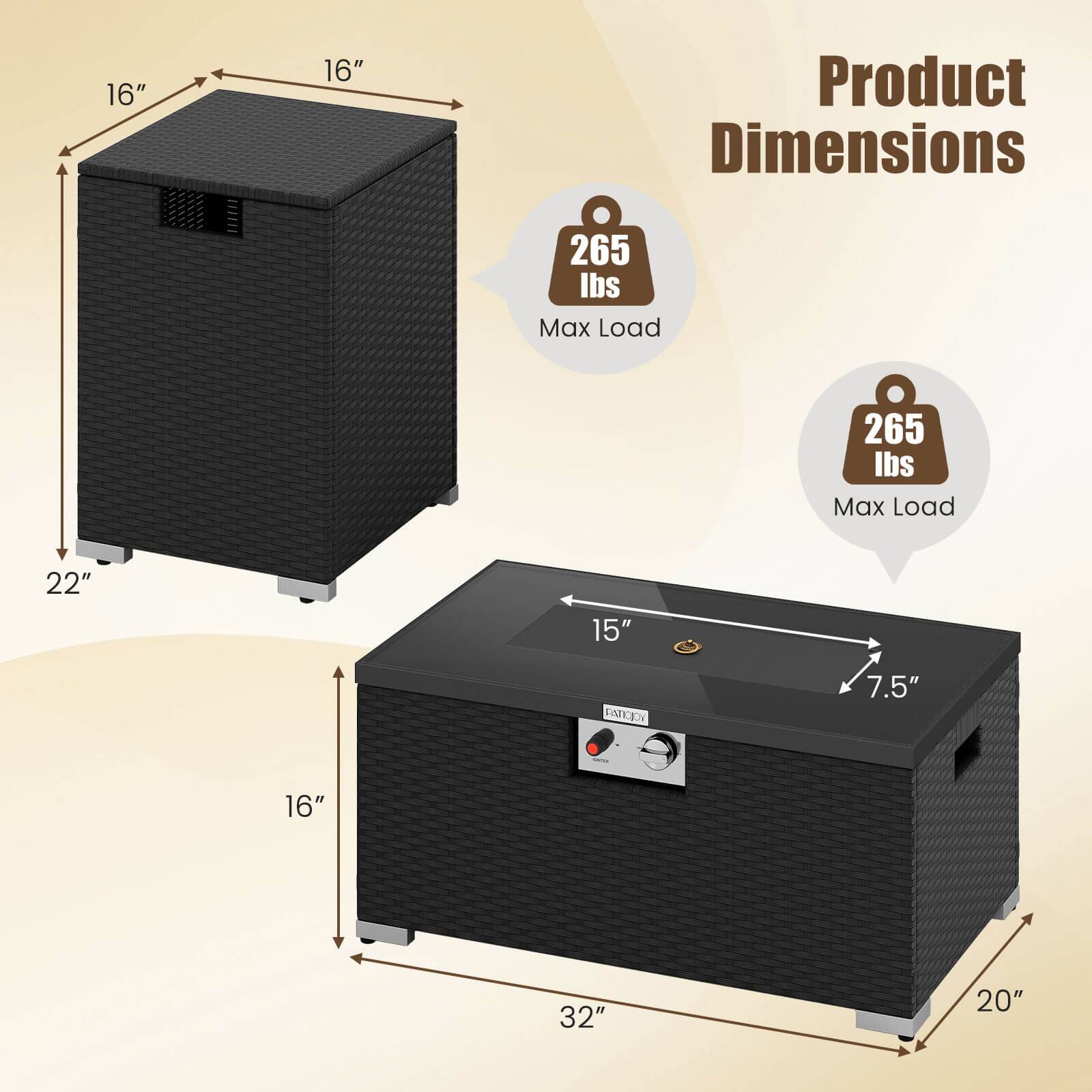 Product Dimensions

- 16" x 16" x 22"
- 32" x 20" x 16"
- 15" x 7.5"

Max Load: 265 lbs