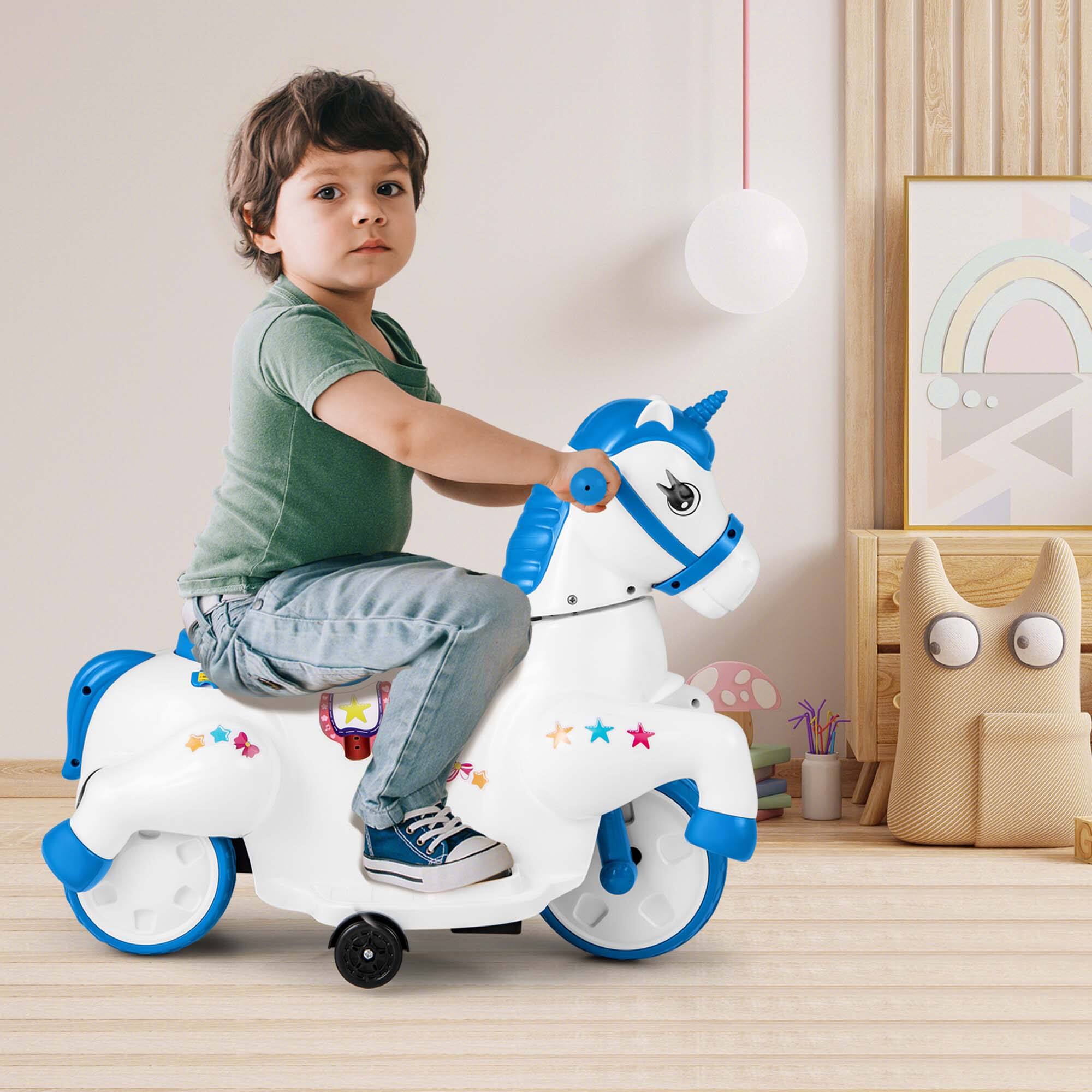 Alt View 3. Costway - Costway 12V Kids Ride on Unicorn Toy with Training Wheels Music One-button Start Horse Toy - Blue.