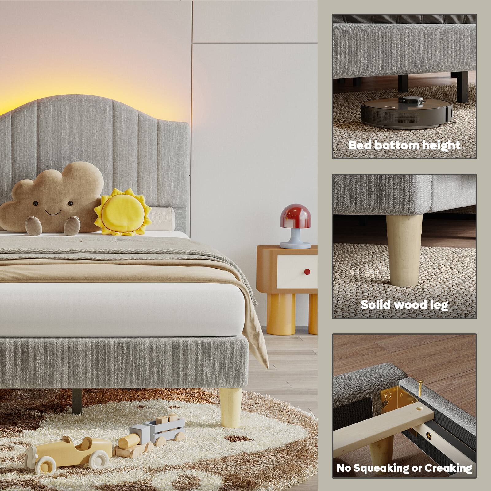 Bed bottom height: The bed has a low bed bottom height.
Solid wood leg: The bed frame is made of solid wood.
No Squeaking or Creaking: The bed is designed to minimize squeaking or creaking noises.
