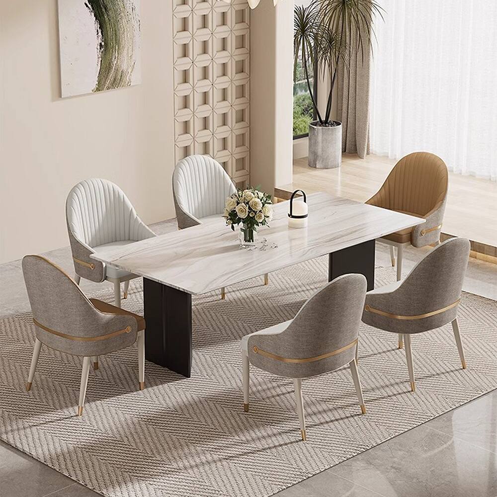 Angle. POVISON - Modern Upholstered Dining Chairs Set of 2, Faux Leather & Linen Side Chairs, Light Gray & Gray - Beige & Gray.