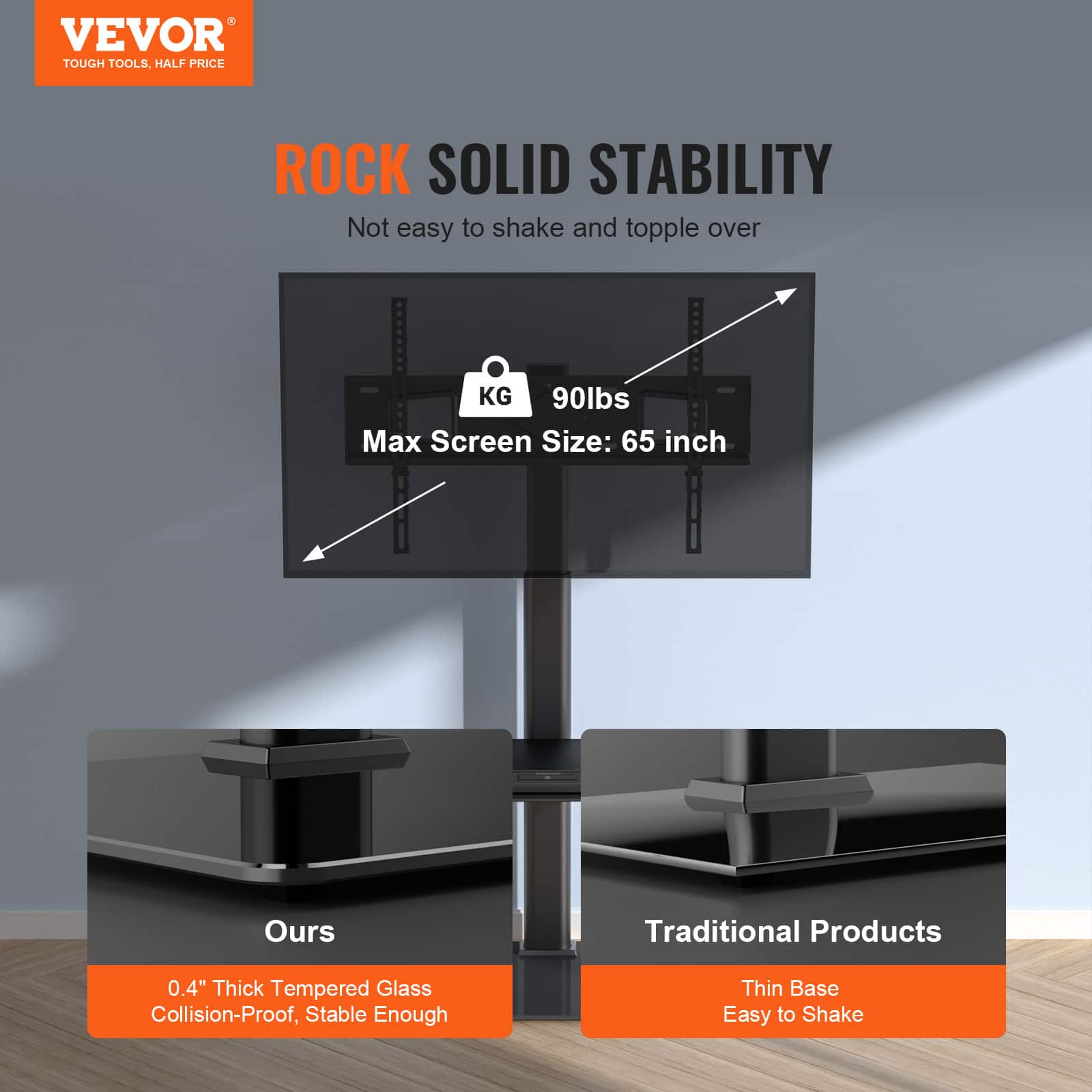 VEVOR TOUGH TOOLS, HALF PRICE
ROCK SOLID STABILITY
Not easy to shake and topple over
KG 90lbs
Max Screen Size: 65 inch
Ours
Traditional Products
0.4" Thick Tempered Glass
Collision-Proof, Stable Enough
Thin Base
Easy to Shake