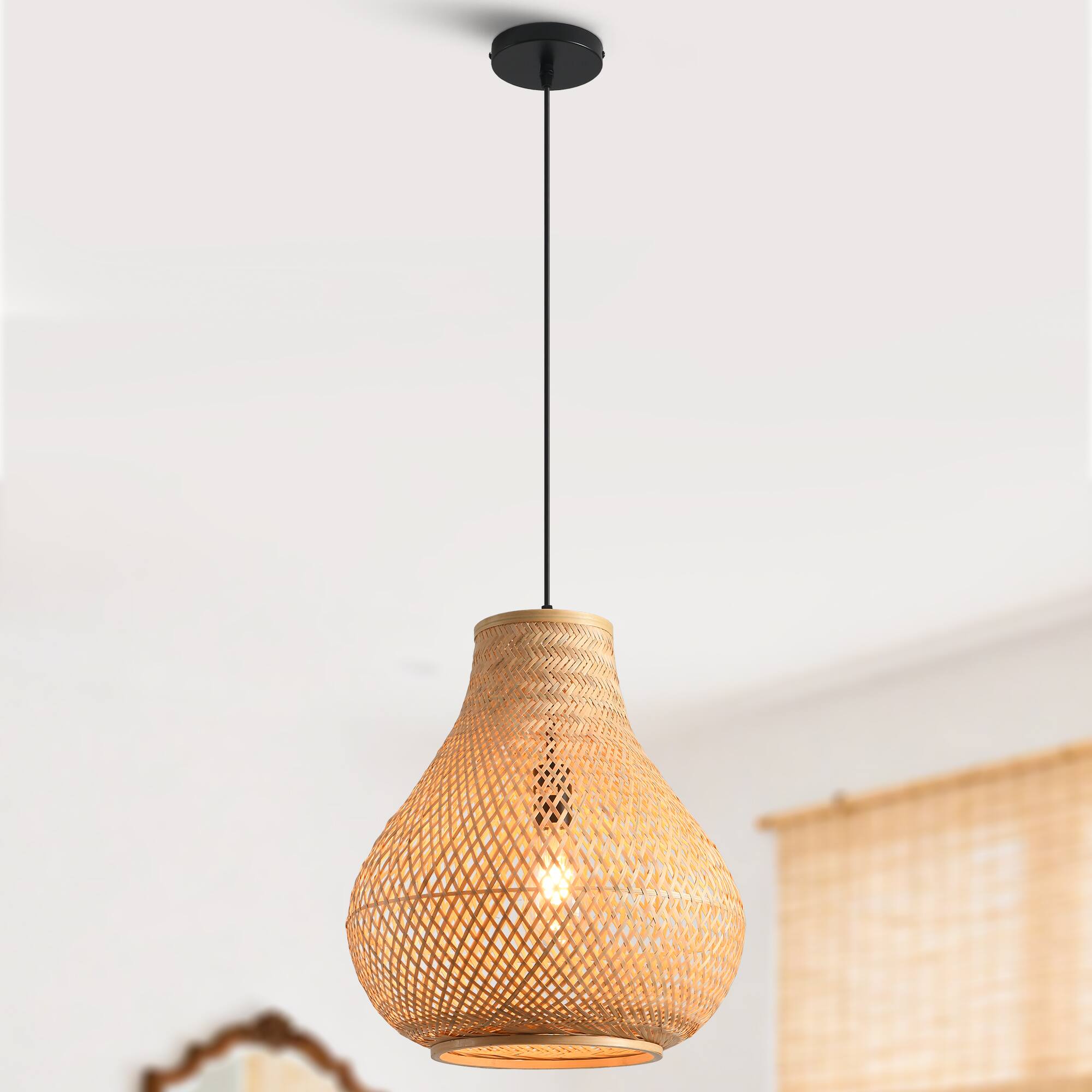 Alt View 1. Parrot Uncle - 1-Light Farmhouse Brown Fish Basket Shape Bamboo Hand-Woven Pendant Lamp.