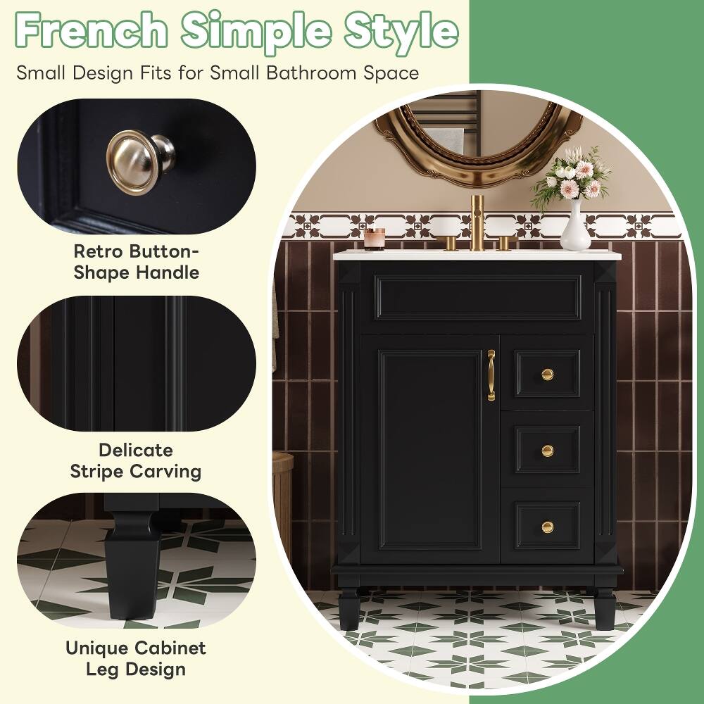 French Simple Style  
Small Design Fits for Small Bathroom Space  

Retro Button-Shape Handle  
Delicate Stripe Carving  
Unique Cabinet Leg Design