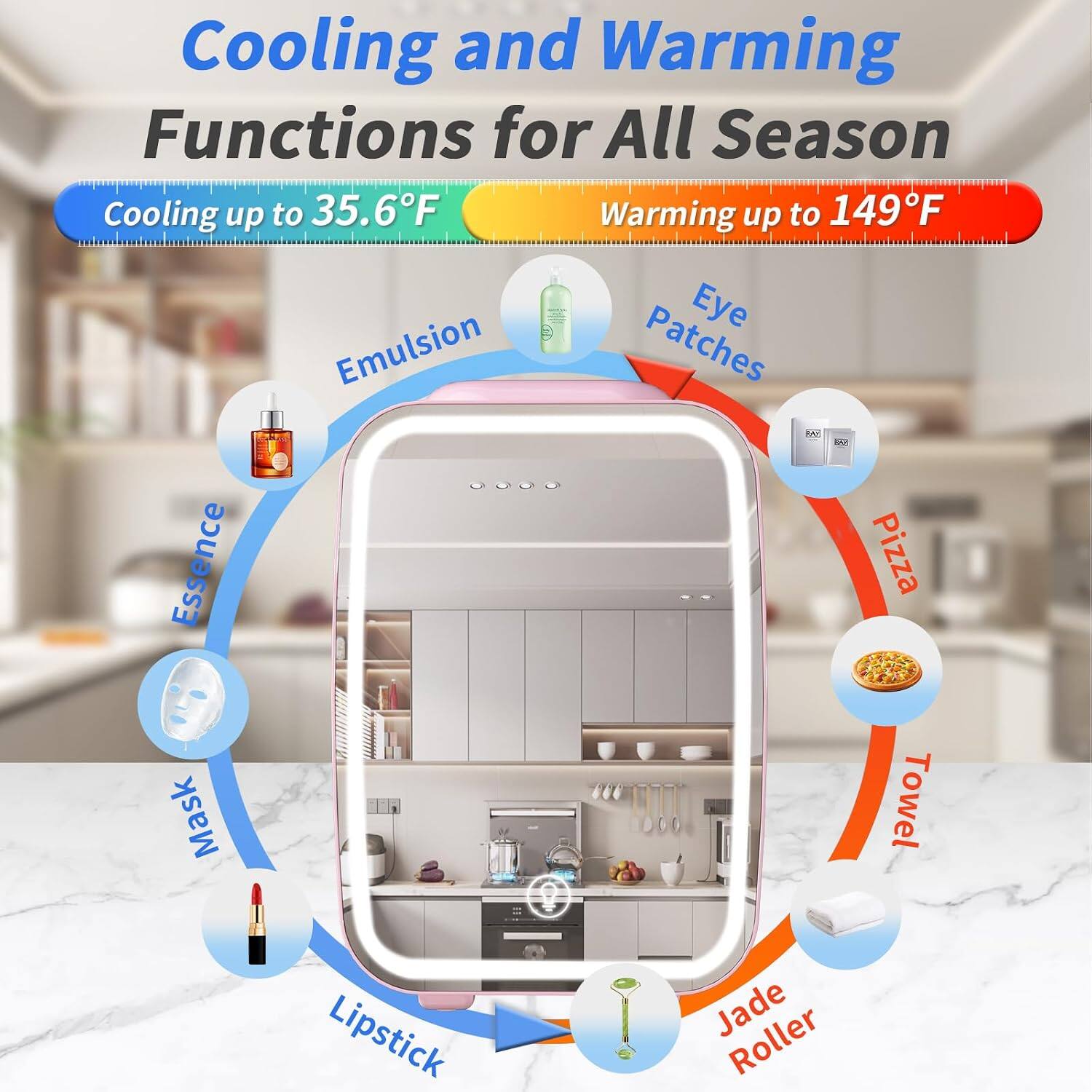 Cooling and Warming Functions for All Season  
Cooling up to 35.6°F  
Warming up to 149°F  
Eye Emulsion Patches  
Essence  
Mask  
Lipstick  
Jade Roller  
Pizza  
Towel