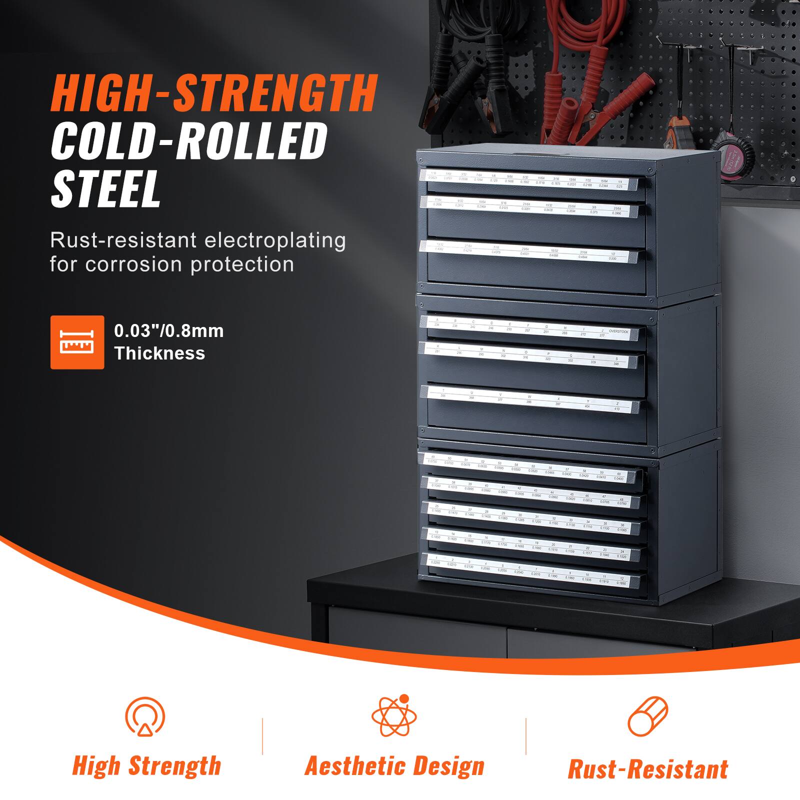 HIGH-STRENGTH COLD-ROLLED STEEL  
Rust-resistant electroplating for corrosion protection  
0.03"/0.8mm Thickness  

High Strength  
Aesthetic Design  
Rust-Resistant
