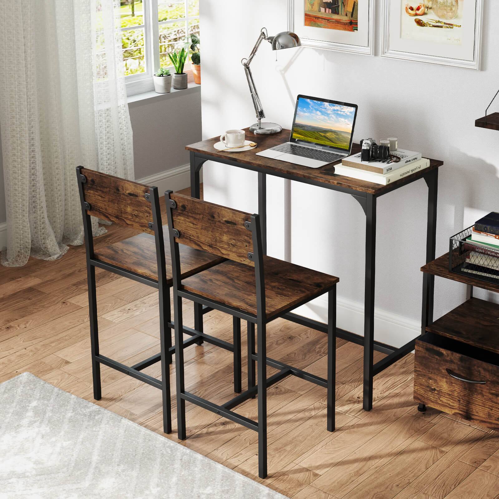 Alt View 5. Costway - Costway 3 PCS Bar Table Set Pub Dining Table & 2 Bar Stools with Backrest & Footrest - Brown.