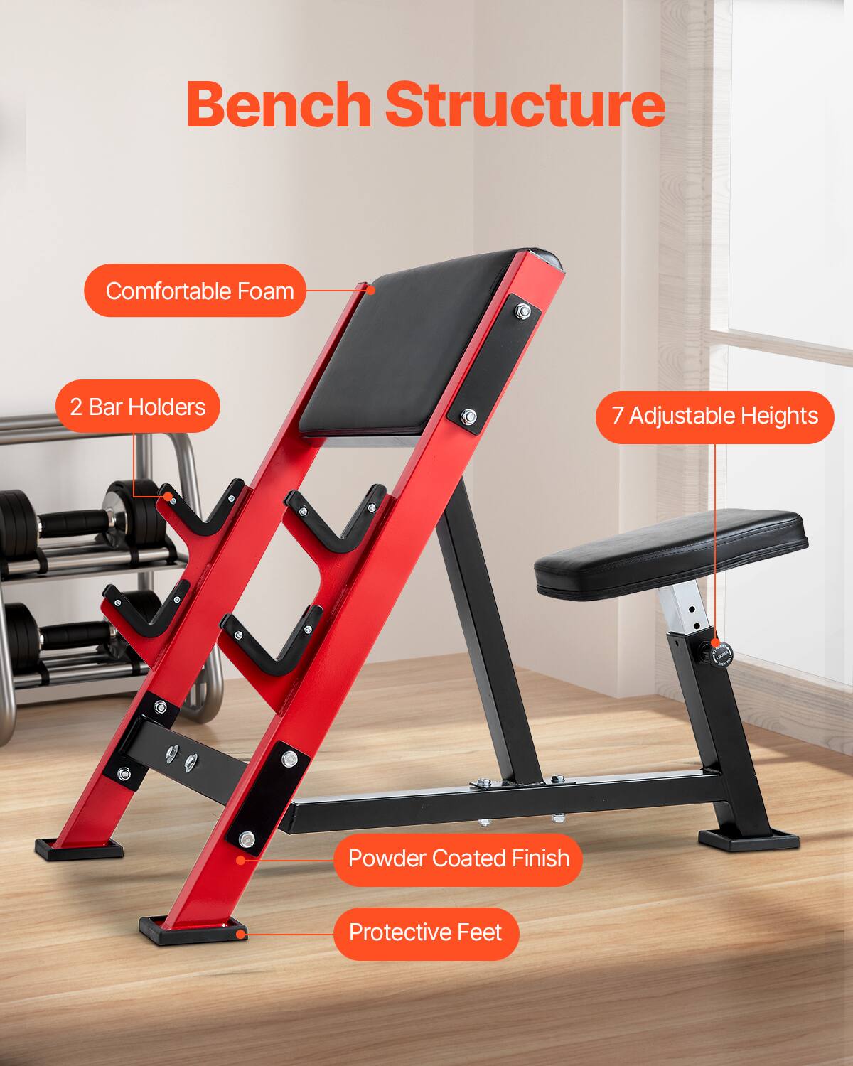 Bench Structure

- Comfortable Foam
- 2 Bar Holders
- 7 Adjustable Heights
- Powder Coated Finish
- Protective Feet