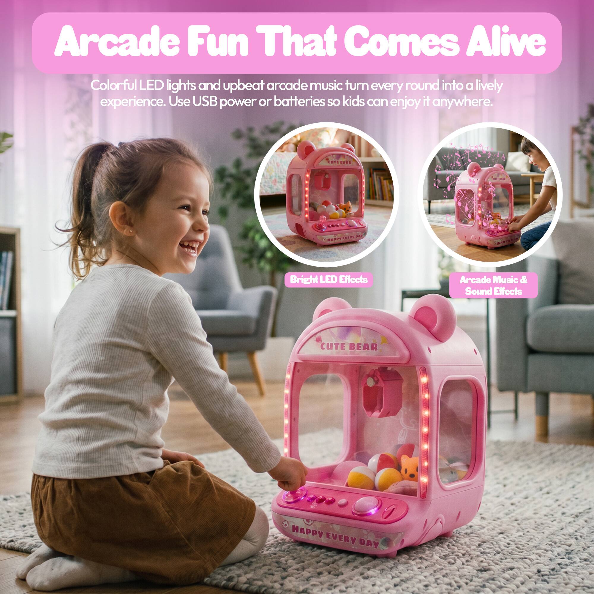 Arcade Fun That Comes Alive

Colorful LED lights and upbeat arcade music turn every round into a lively experience. Use USB power or batteries so kids can enjoy it anywhere.

Bright LED Effects
Arcade Music & Sound Effects

CUTE BEAR
HAPPY EVERY DAY
