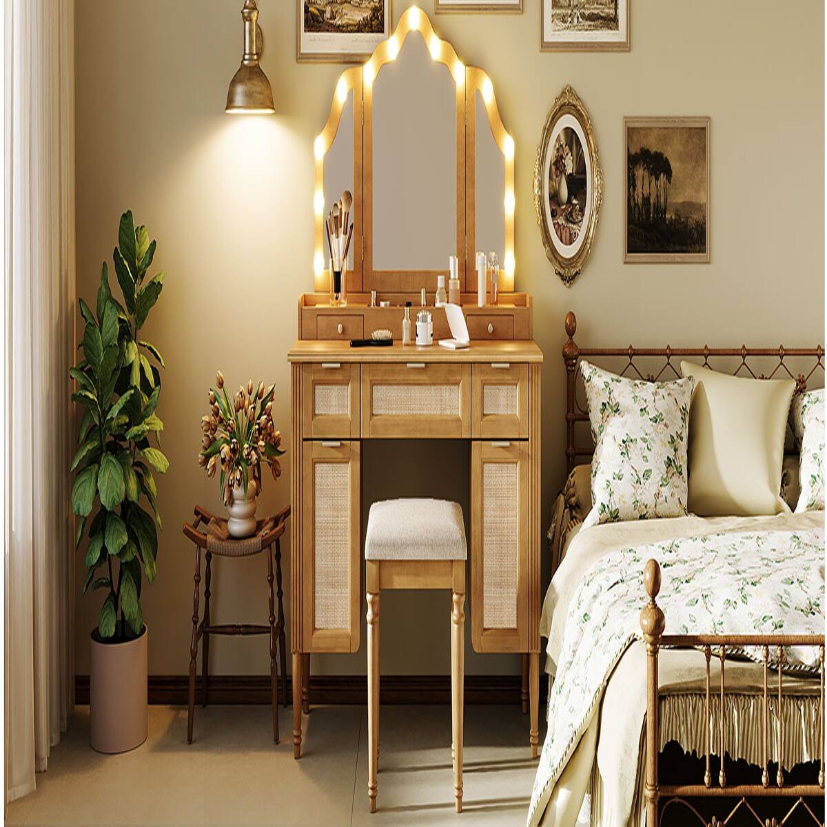 Alt View 8. Loheer - Loheer Makeup Vanity Desk with Mirror and Stool, Natural Finish, Hollywood Lighting and Storage - Natural.