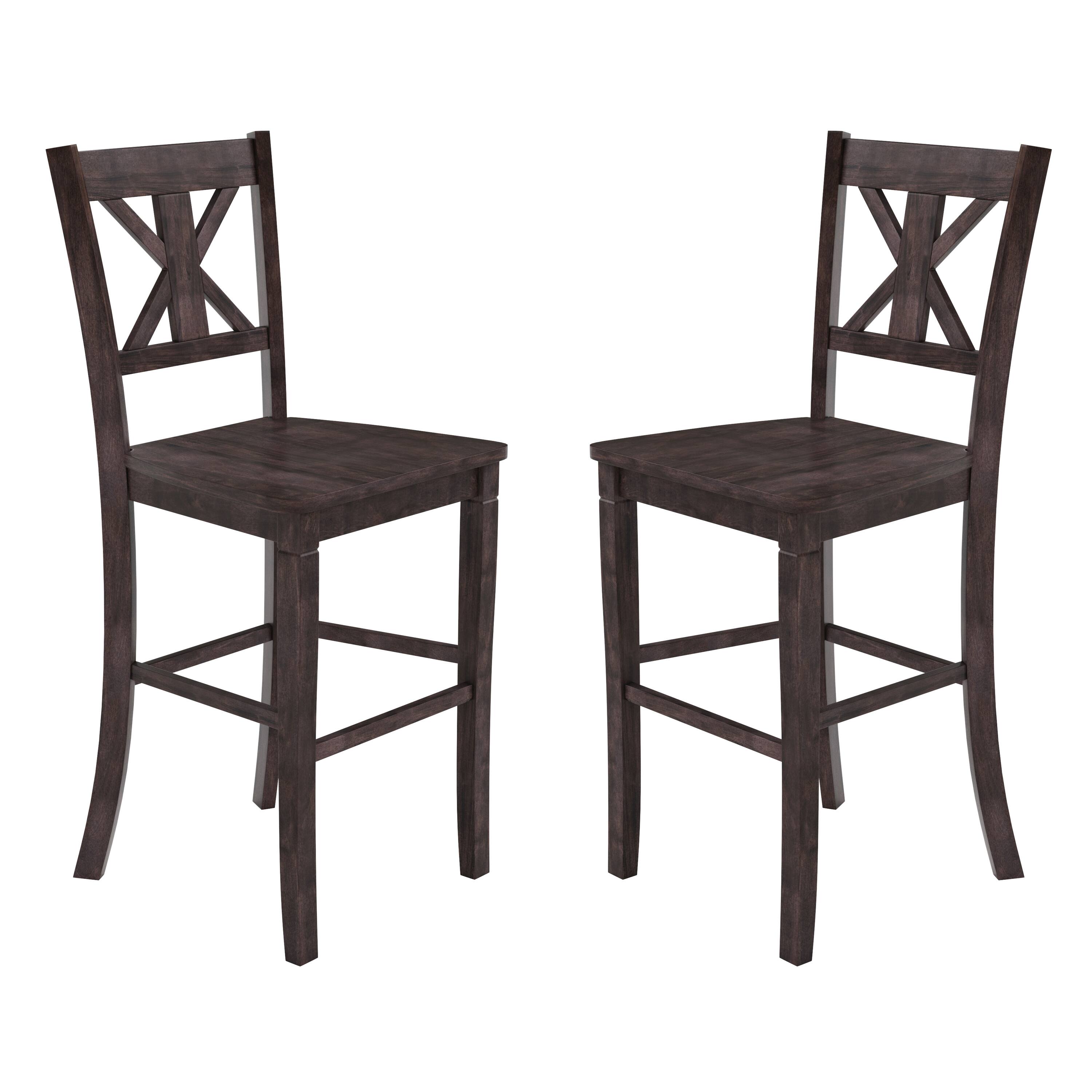 Alt View 1. Emma + Oliver - Lara Set of 2 Wooden Modern Farmhouse Bar Height Dining Stool with Decorative Carved Backrest and Wood Seat - Gray Wash Walnut.