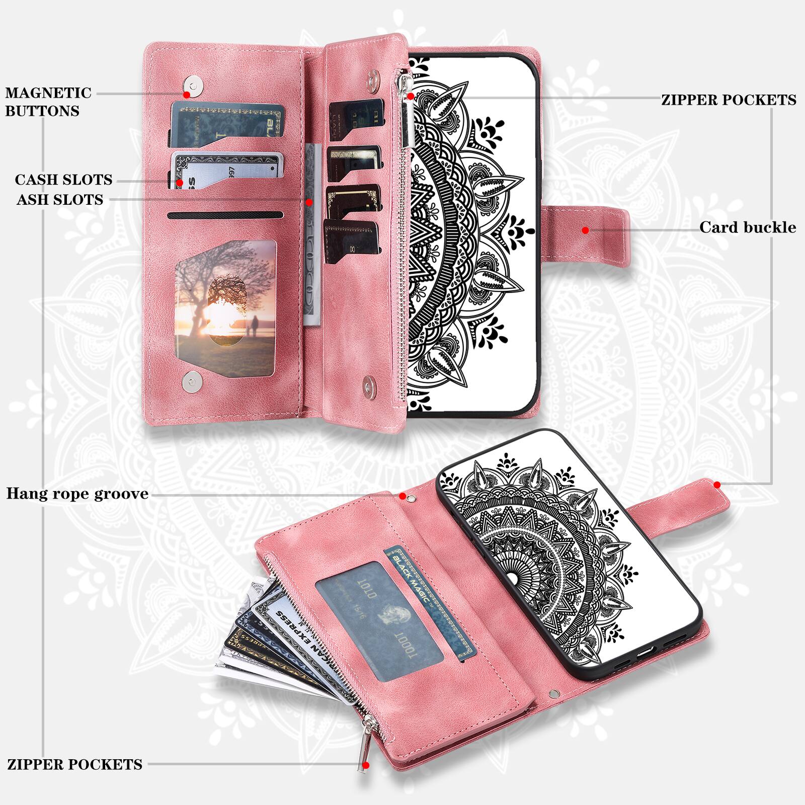 MAGNETIC BUTTONS  
ZIPPER POCKETS  
CASH SLOTS  
ASH SLOTS  
Card buckle  
Hang rope groove  
ZIPPER POCKETS