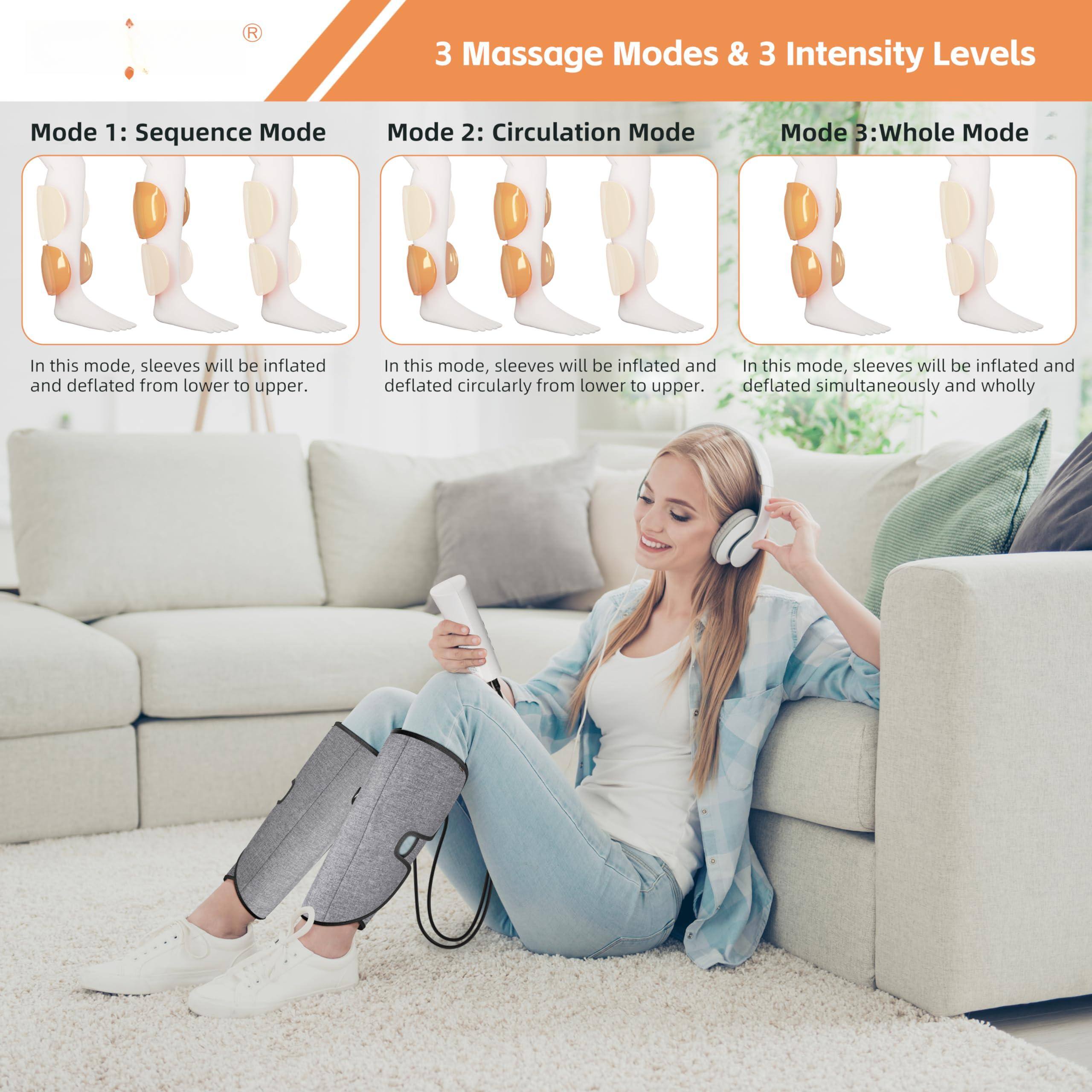 3 Massage Modes & 3 Intensity Levels

Mode 1: Sequence Mode  
In this mode, sleeves will be inflated and deflated from lower to upper.

Mode 2: Circulation Mode  
In this mode, sleeves will be inflated and deflated circularly from lower to upper.

Mode 3: Whole Mode  
In this mode, sleeves will be inflated and deflated simultaneously and wholly.