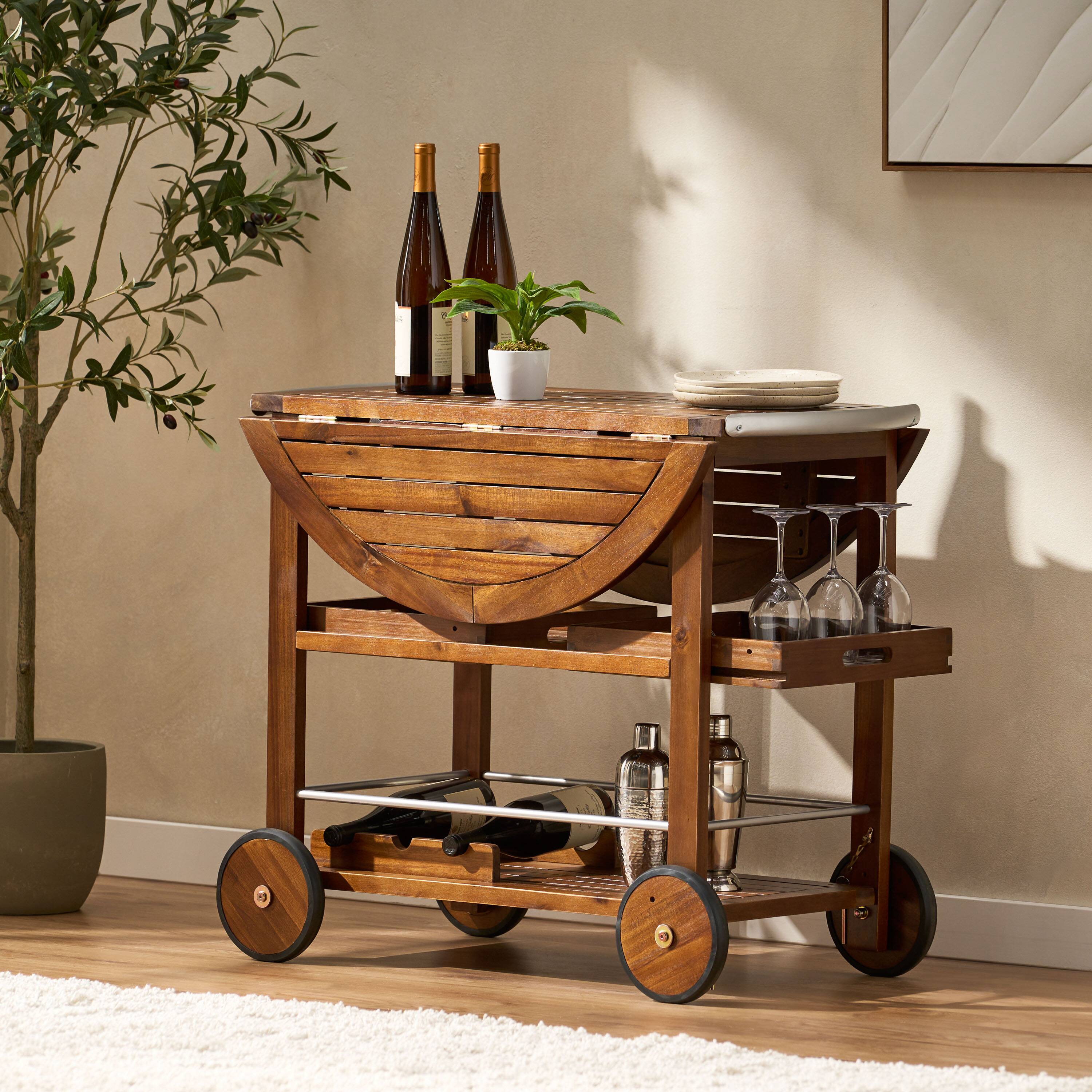 Alt View 2. APRILSOUL - Adjustable Wood Aluminum Bar Cart Wine Storage Removable Trays Modern Industrial - Oak+Silver.