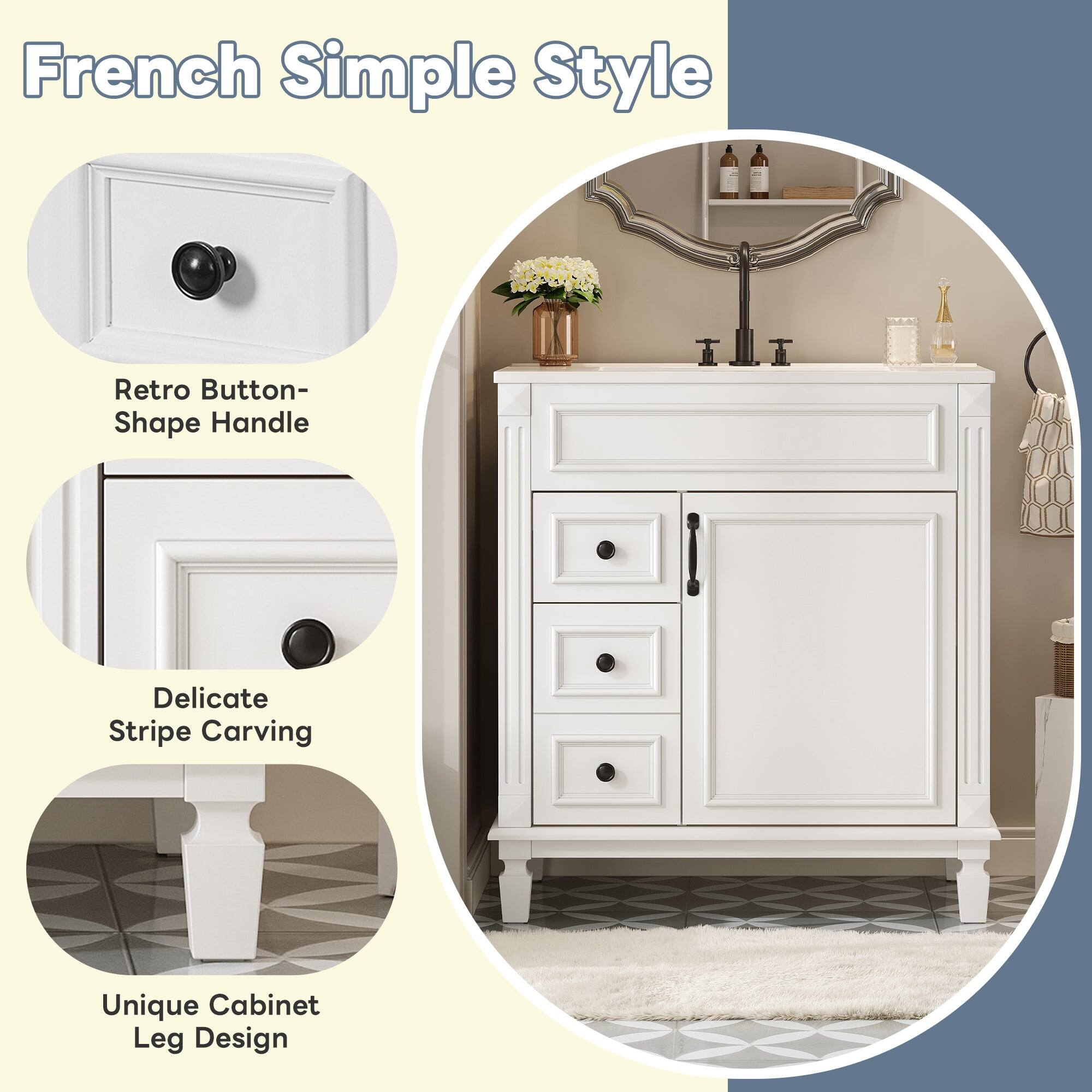 French Simple Style

- Retro Button-Shape Handle
- Delicate Stripe Carving
- Unique Cabinet Leg Design