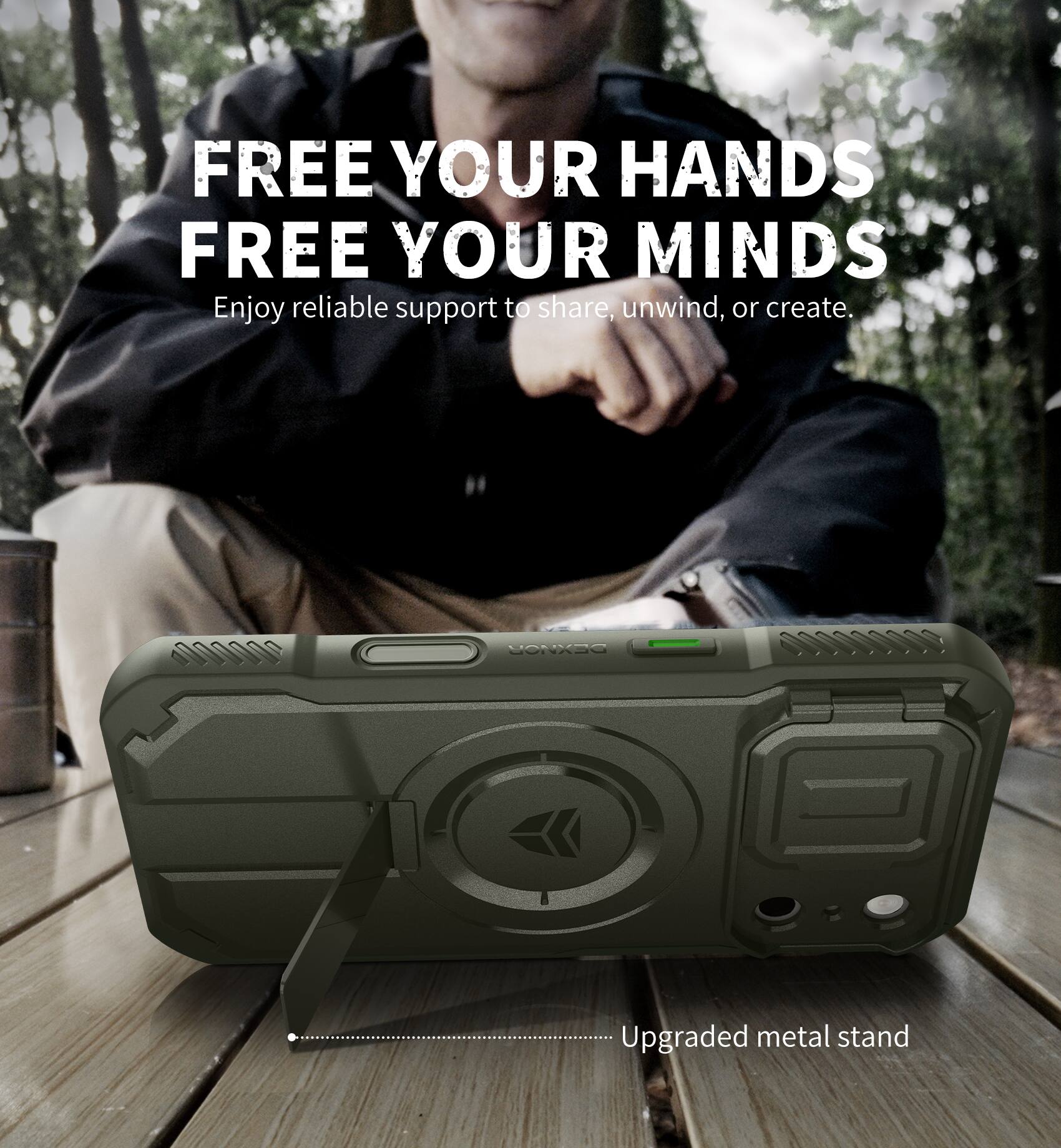 FREE YOUR HANDS  
FREE YOUR MINDS  
Enjoy reliable support to share, unwind, or create.  

0ONXaO  
Upgraded metal stand
