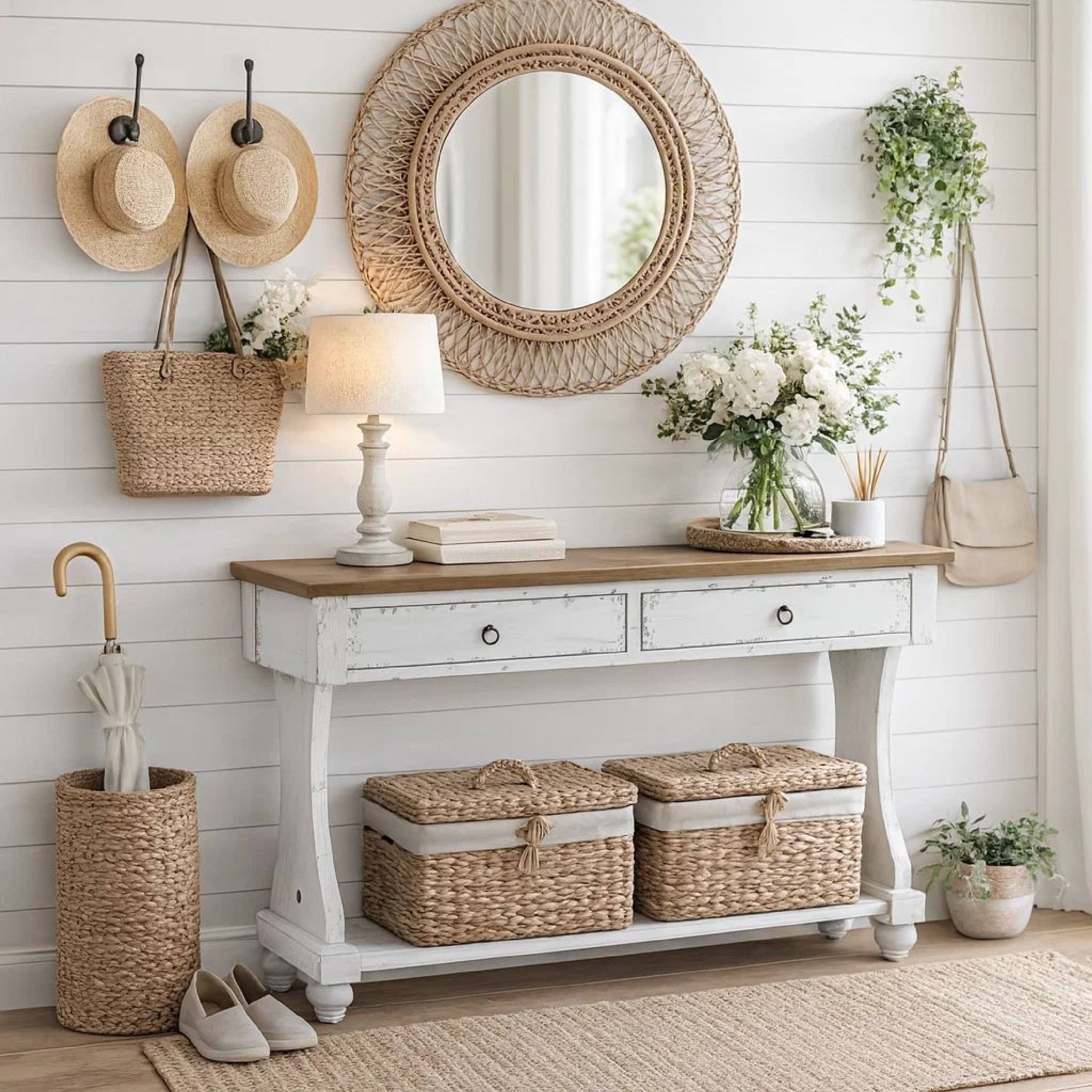 Alt View 7. Manhattan Lane - 48 Inch 2 Drawer Console Table, Ring Metal Handles, Distressed White - White, Brown.