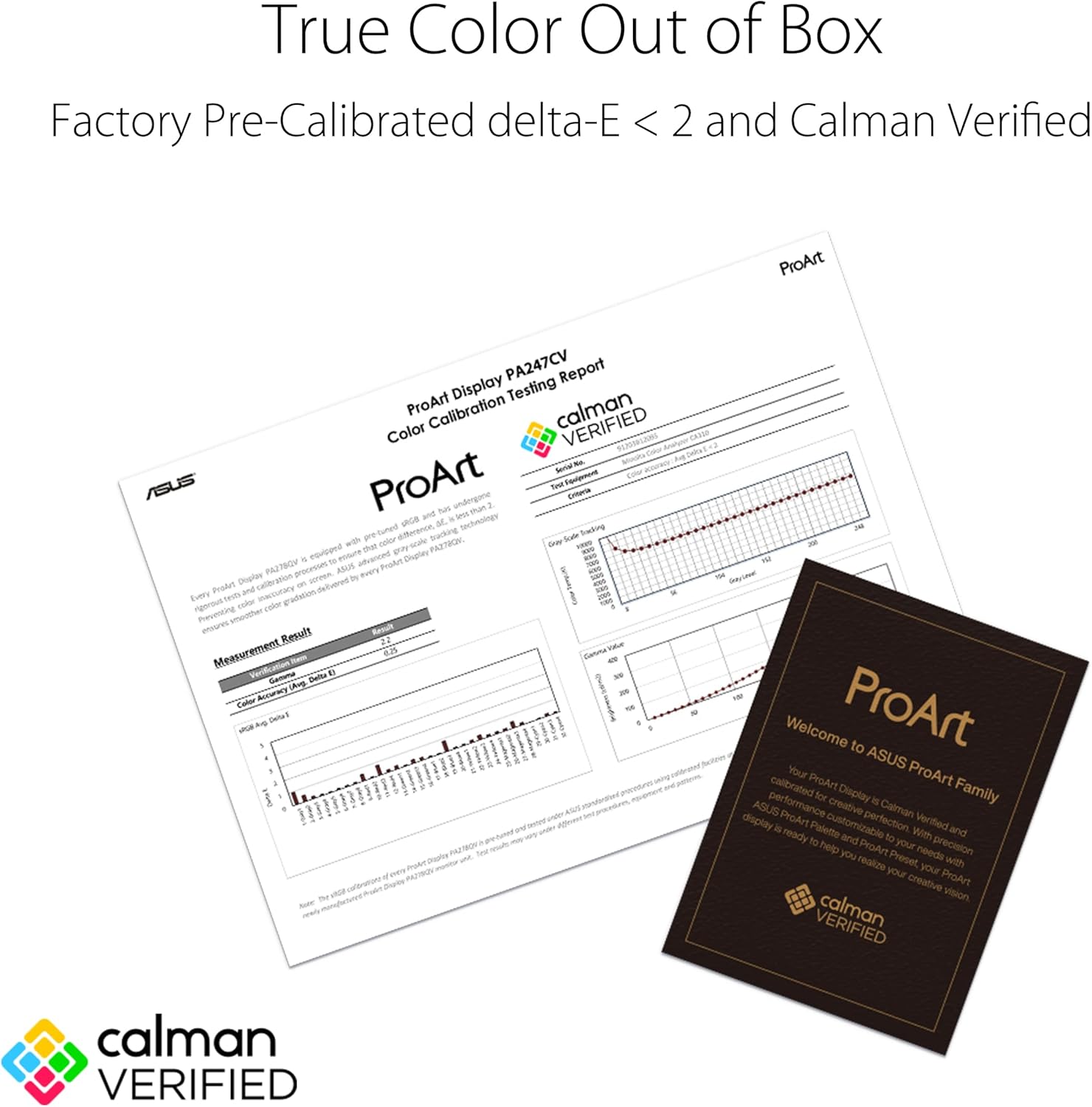True Color Out of Box

Factory Pre-Calibrated delta-E < 2 and Calman Verified

ProArt Display Testing Calibration Report

ProArt PA247CV

Calman VERIFIED

Welcome to ASUS ProArt Family

Your ProArt Display is Calman Verified and calibrated to provide you with the best possible color accuracy and performance. ASUS ProArt Display is ready to help you realize your creative vision.