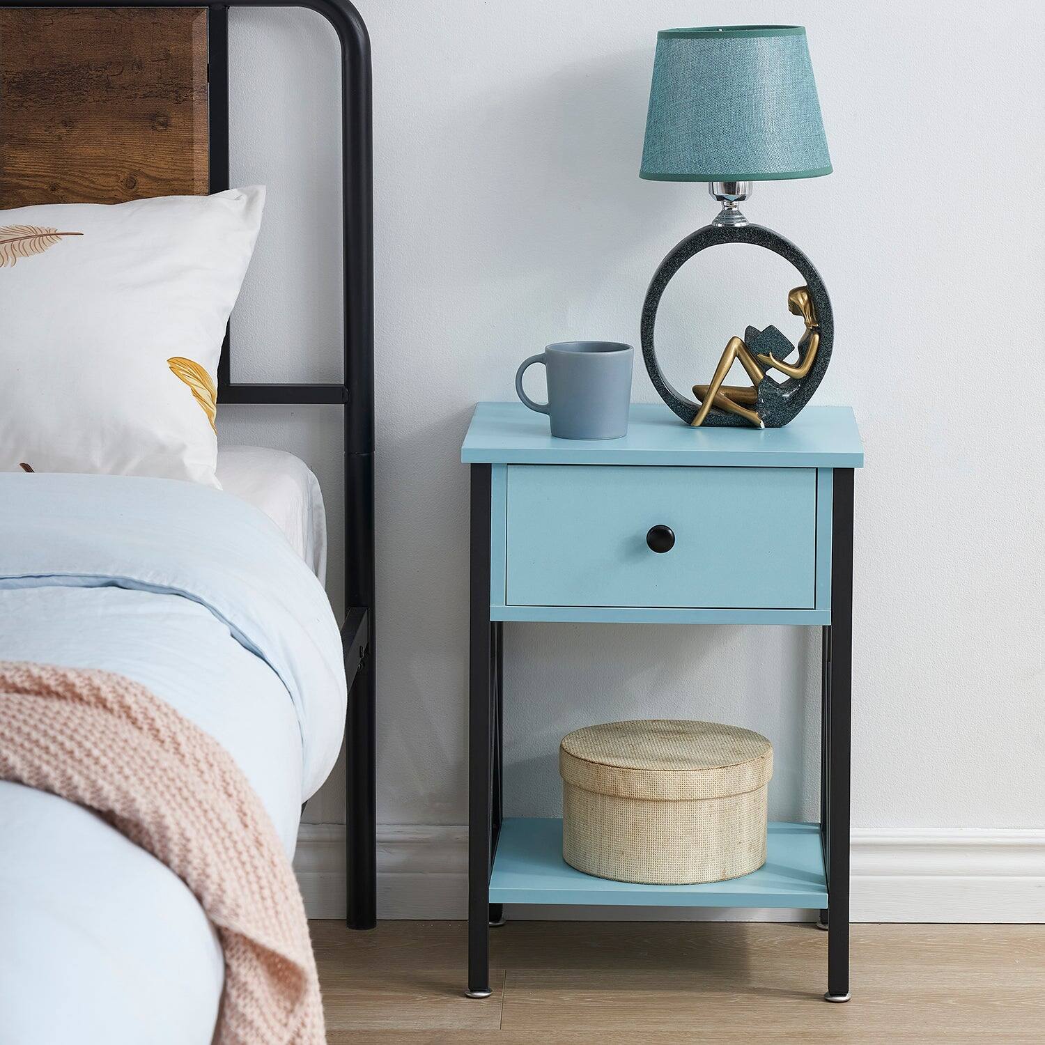 Angle. Vecelo - Nightstand with Drawer - Bedside Table with Storage Shelf, Compact End Table for Bedroom, MDF Wood Nightstand - Light Blue.