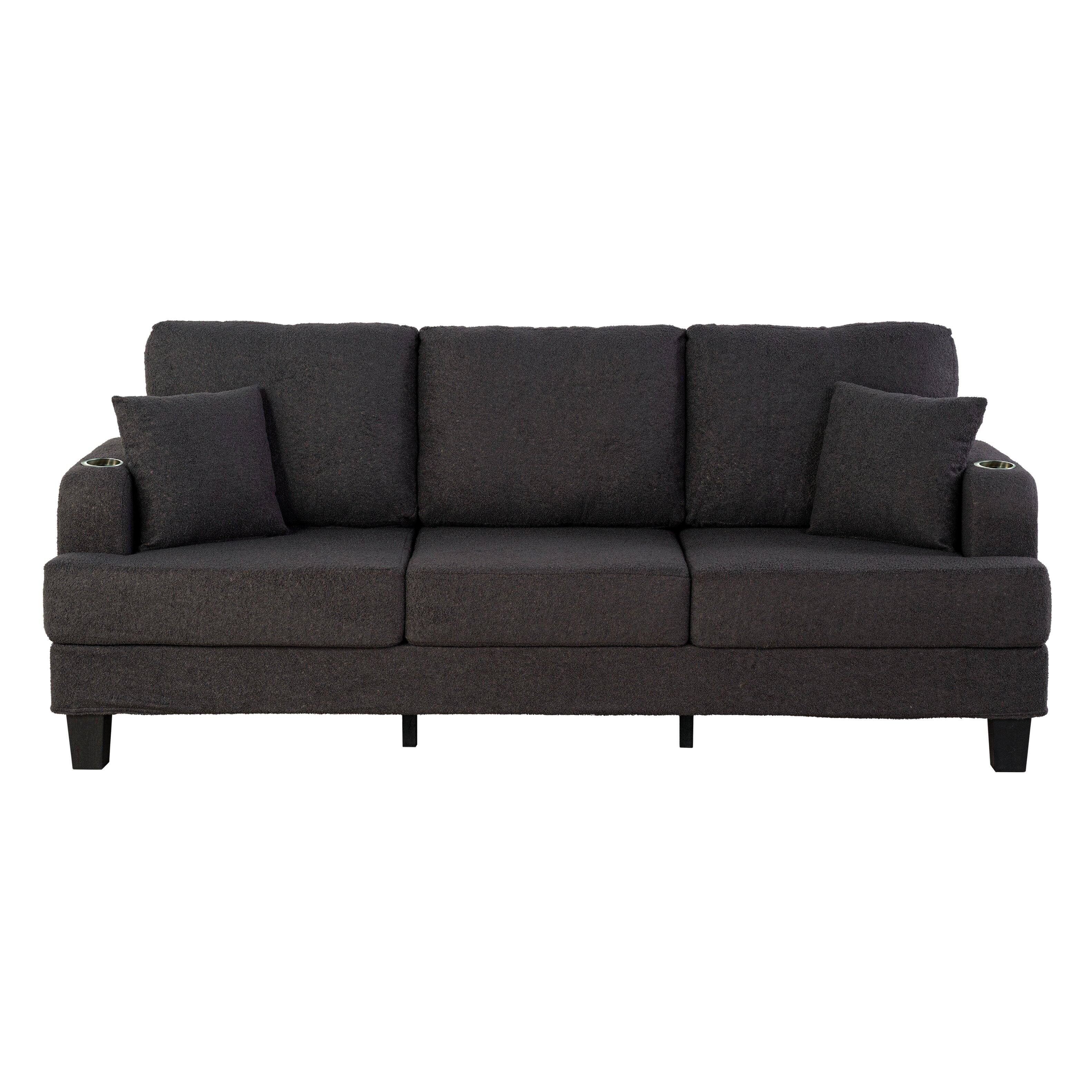 Back. Parrot Uncle - 3-Seater Fabric Upholstered Reclining Sofa with Built-In USB Charging Port and Dual Cup Holders - Charcoal black.