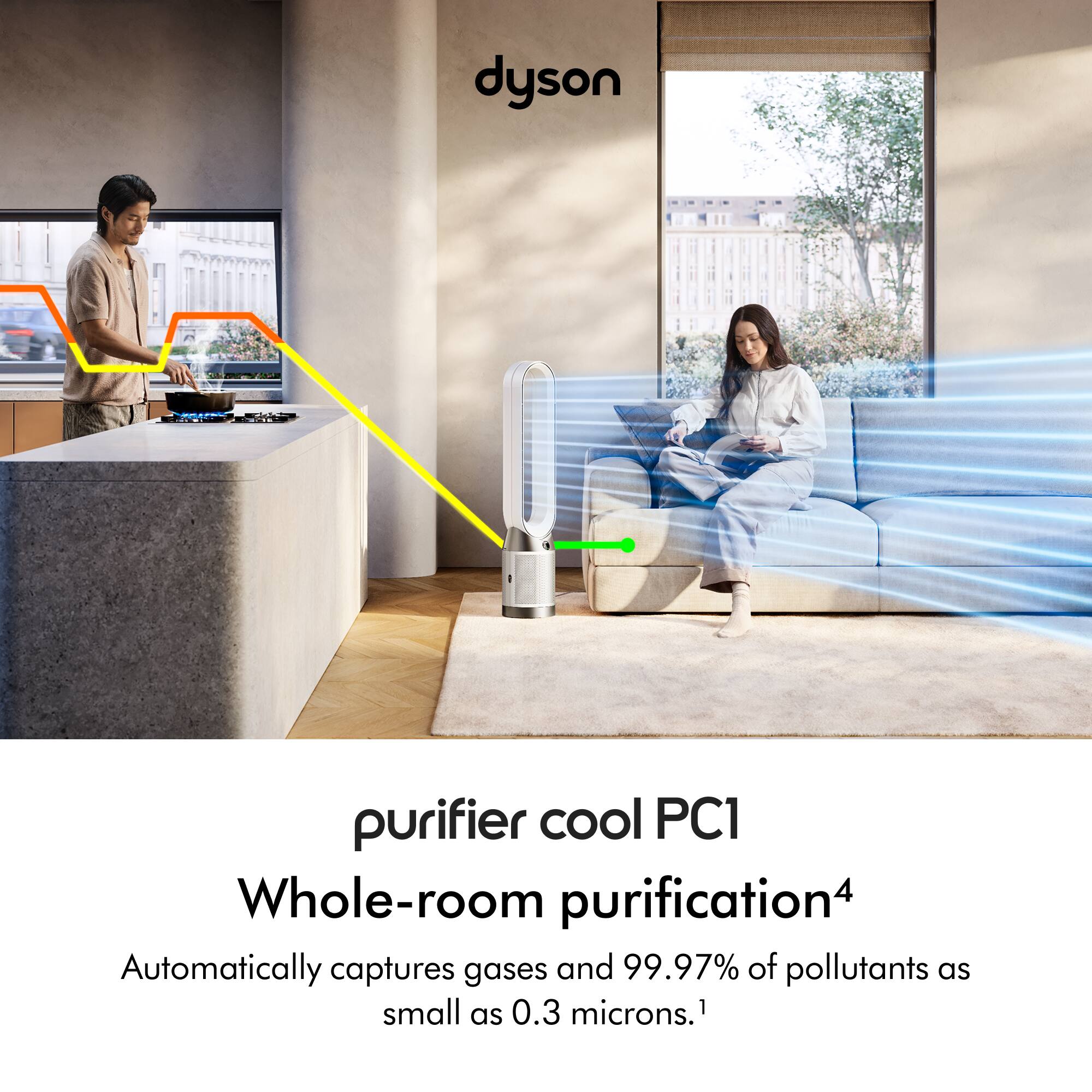 Dyson Purifier Cool PC1 Whole-room Purification: Automatically captures gases and 99.97% of pollutants as small as 0.3 microns.